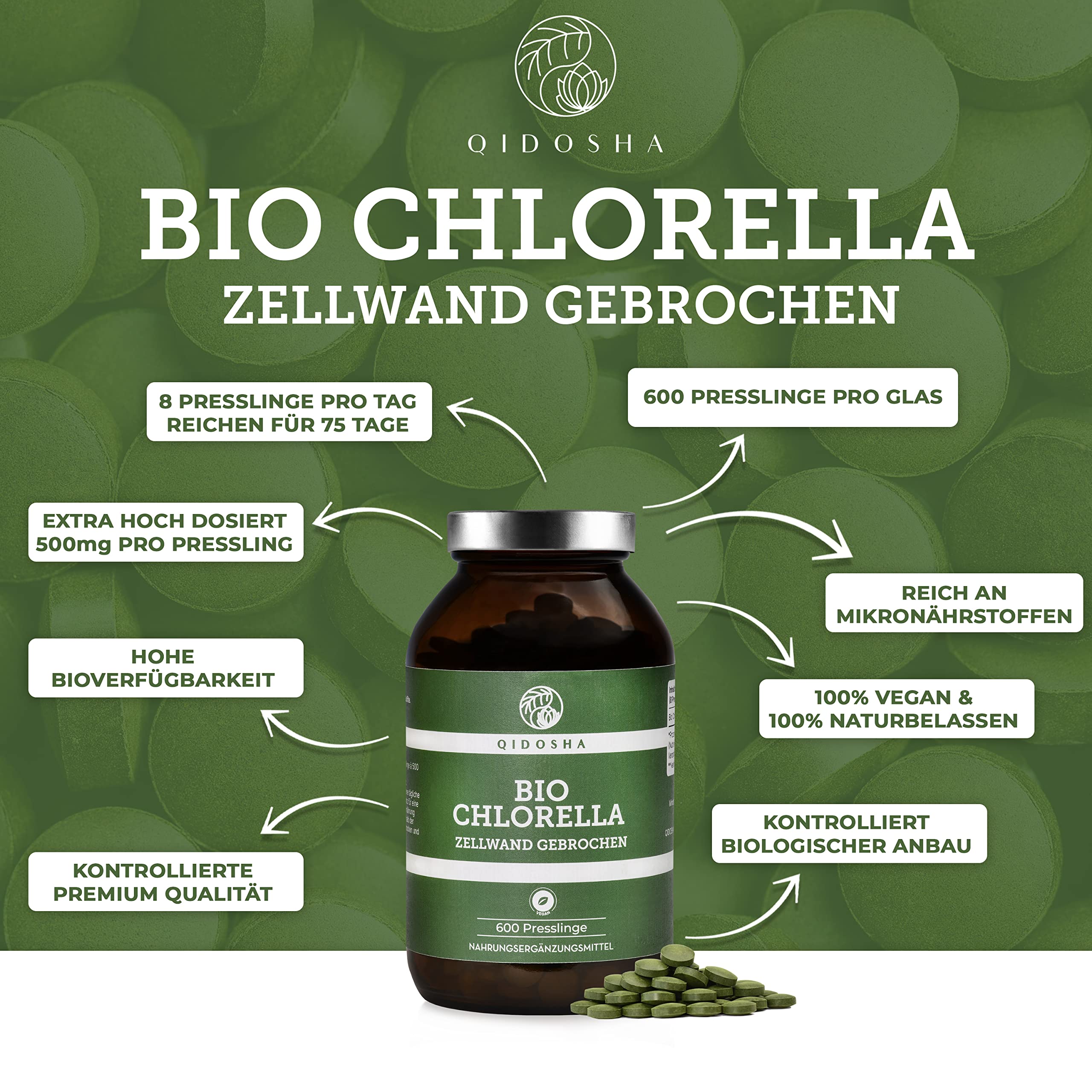 QIDOSHA® Bio Chlorella Presslinge, 600 Stk/Glas, 500mg je Pressling, 100% natürliches Bio-Chlorella vulgaris Pulver aus kontrolliert biologischem Anbau, mit bereits aufgebrochener Zellwand