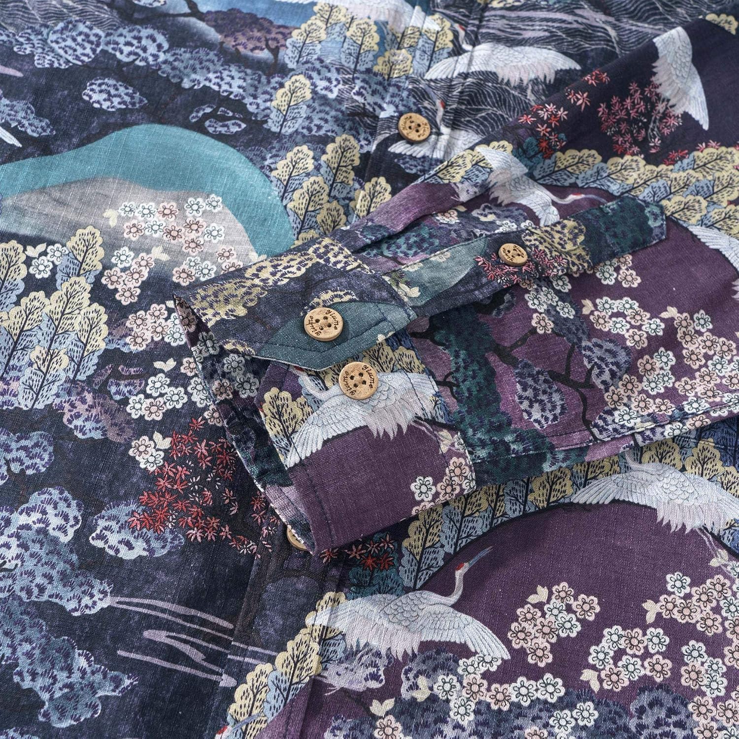 Dance of The Cranes 100% Cotton Men's Aloha Hawaiian Long Sleeve Button-Down Shirt