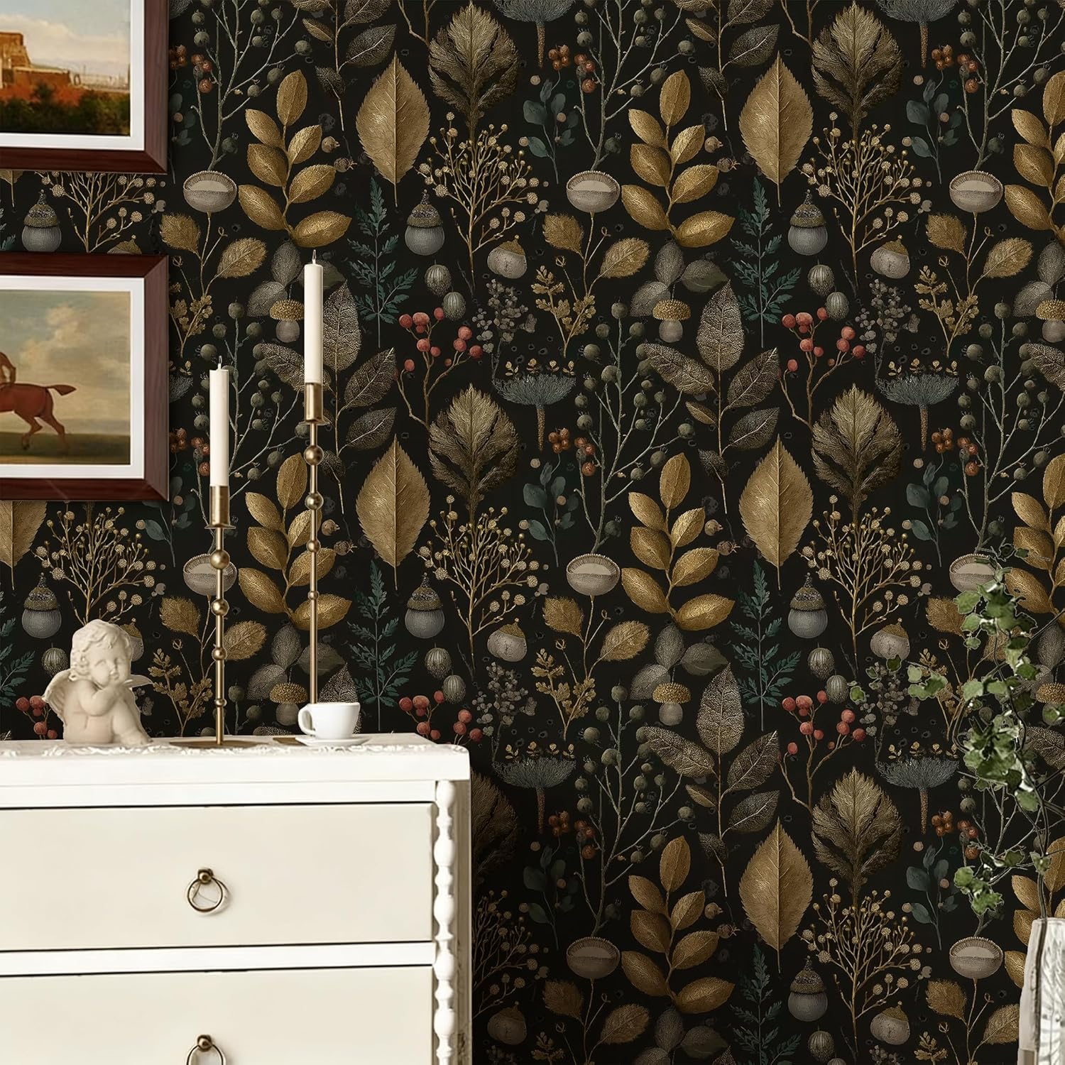 Peel and Stick Wallpaper - Dark Backdrop Gilded Foliage & Berries, Removable Luxe Vintage Mural for Living Room & Bedroom, 17.7x118 Inch