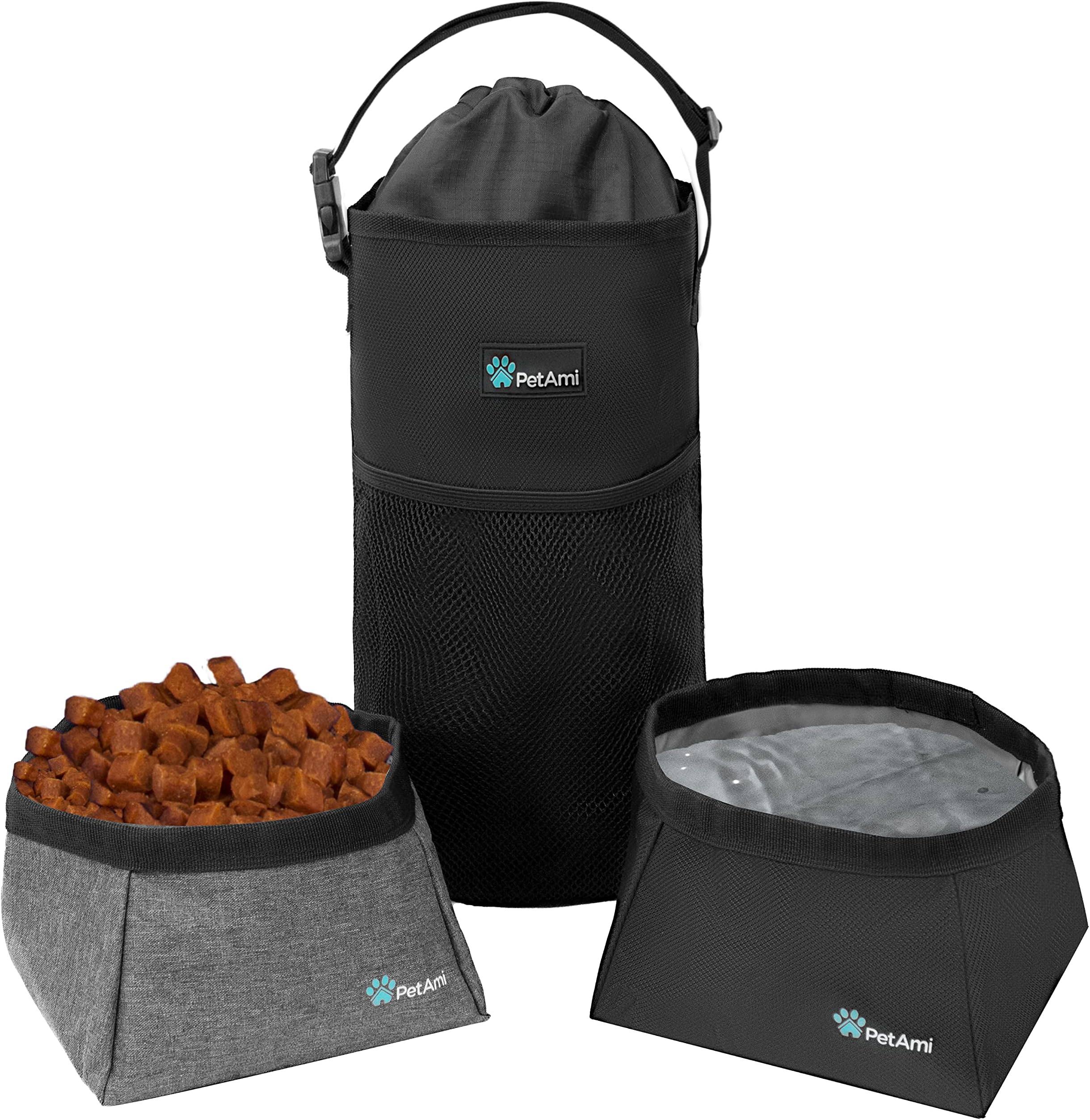 PetAmiDog Food Travel Bag | Kibble Carrier for Dogs with Collapsible Dog Water Bowls Kit | Pet Food Travel Container Storage for Camping, Hiking Gear Accessories (Black, Grey)