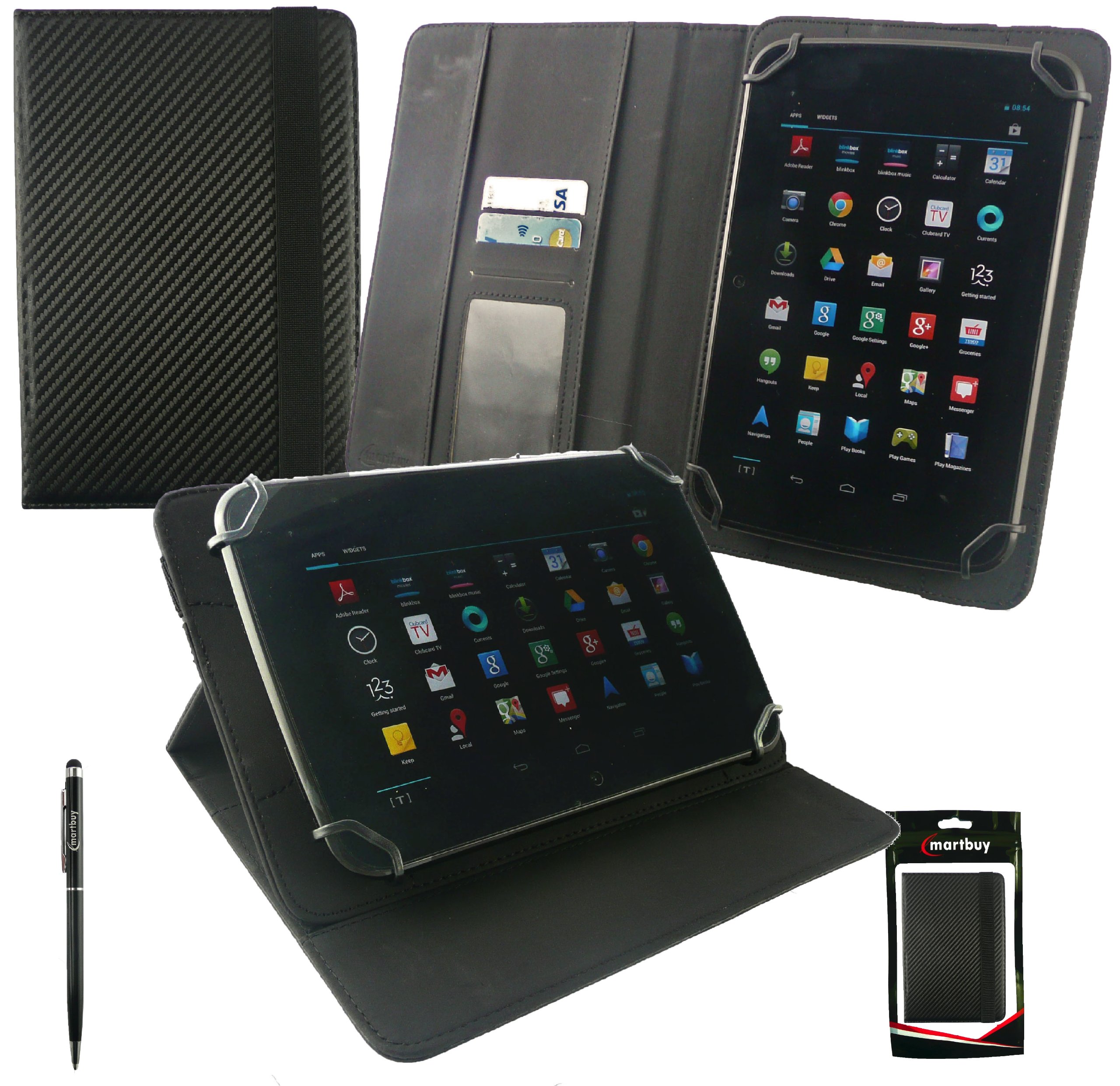 Emartbuy® FunTC 7 Inch Quad Core Phablet PC Universal Range Black Carbon PU Leather Multi Angle Executive Folio Wallet Case Cover With Card Slots + Black Dual Function Stylus