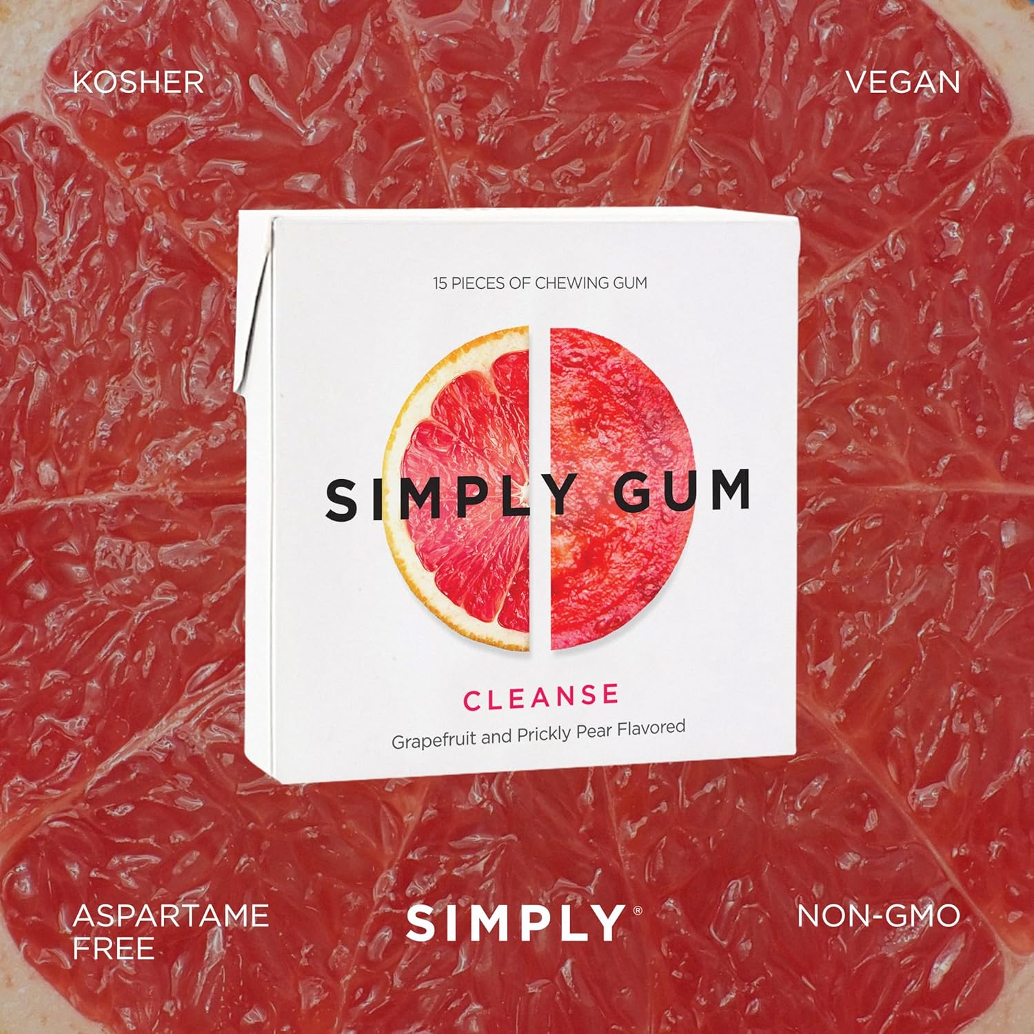 SIMPLY Gum Cleanse (Grapefruit and Prickly Pear), Plastic-Free Natural Chewing Gum, 12 Pack (180 Pieces) | Vegan, Kosher, Non GMO, Aspartame Free and Sorbitol Free