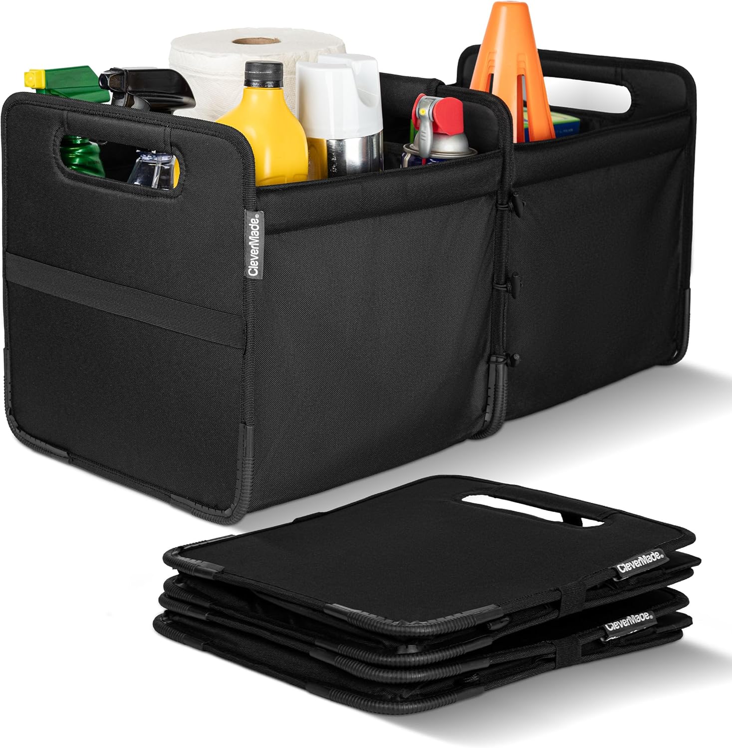 CleverMade Double Trunk Caddy 46L – Collapsible Trunk Organizer for SUV with Flex-Frame Structure, Connectable Car Storage Basket for Groceries & Cargo – Midnight Black