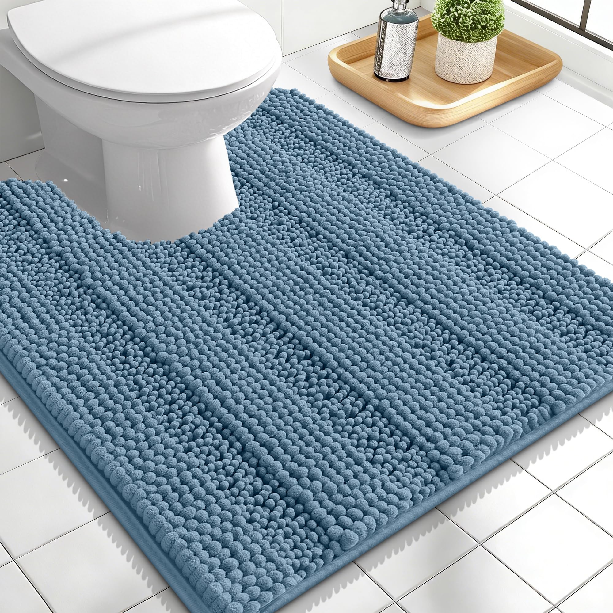 OLANLY Thick Toilet Rugs U-Shaped 24x20, Soft Chenille Bath Mat, Airy Blue