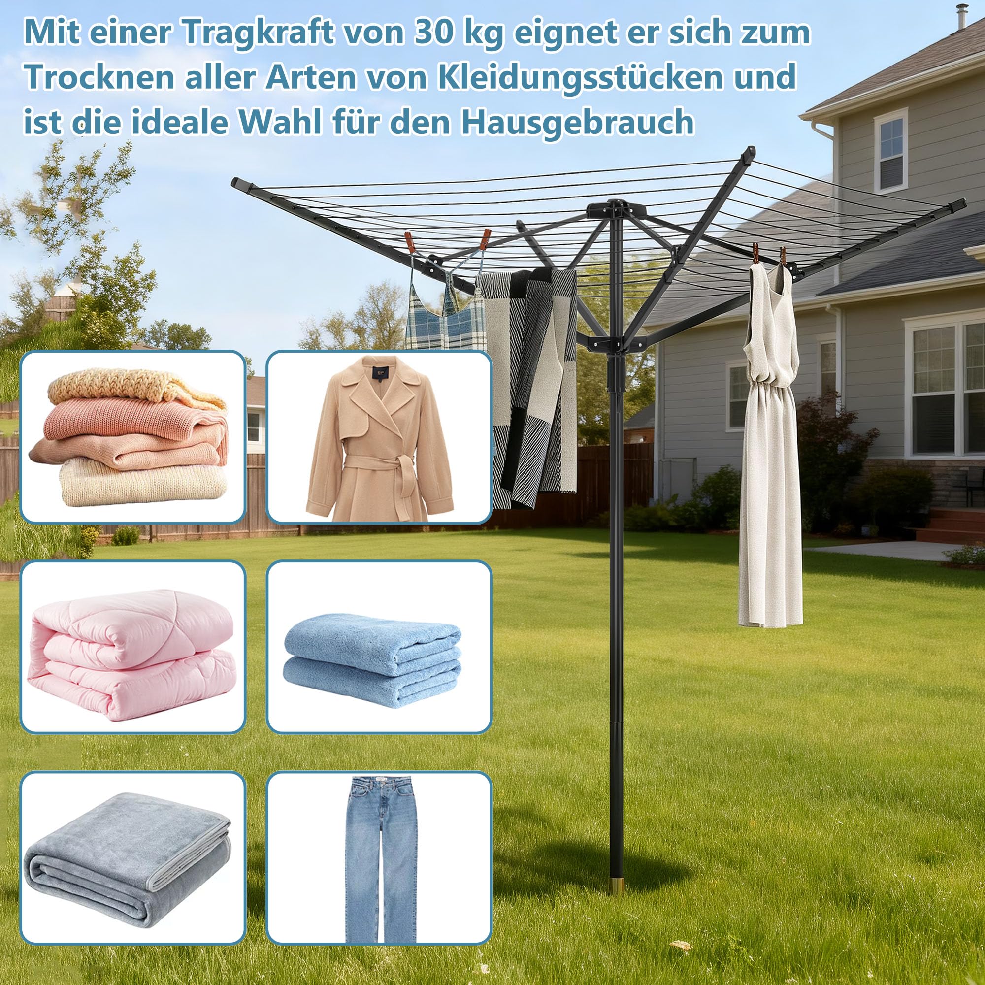 MYOYAY Wäschespinne Draußen, Faltbare 4-armig Wäscheständer mit Bodenhülse | Wäscheständer Wäschespinne für Garten große xxl Wäscheschirm mit Schutzhülle, 50m PVC Wäscheleine, Schwarz