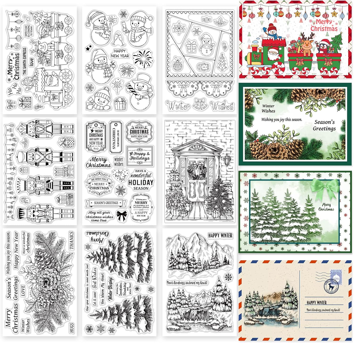 ORIGACH 9 Sheets Different Style Winter Christmas Clear Stamps Silicone Transparent Stamps for Card Making Decoration and DIY Scrapbooking