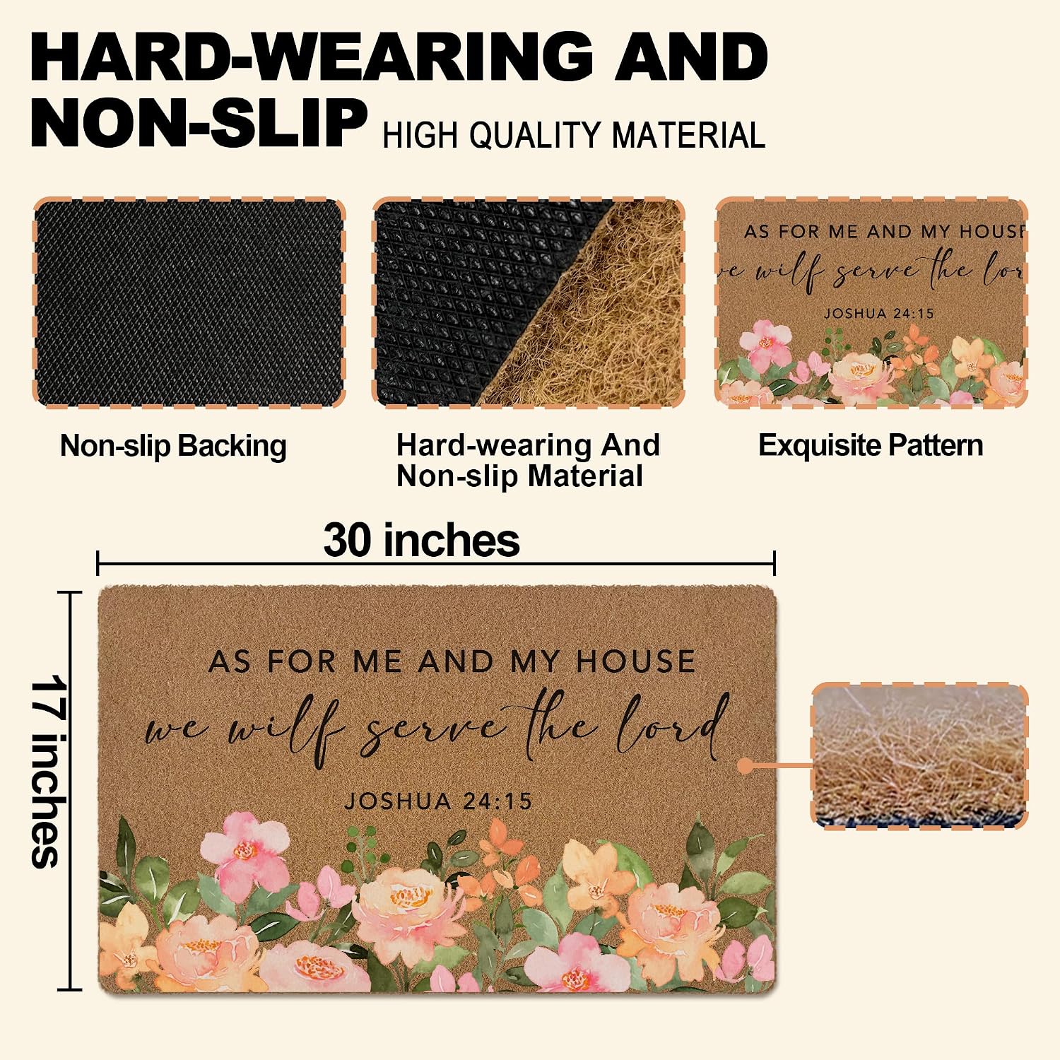 huester Christian Floral Welcome Door Mat, As for Me and My House We Will Serve Bible Verse Religious Decorative Home Indoor Outdoor Porch Front Door Entrance Outside Welcome Doormat, 17x30 Inch