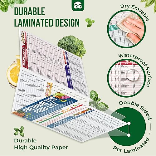 Miniatura 3 de EXCOOL CLUB Juego de 3 listas de alimentos laminados para prediabetes y planificador de comidas con tabla de índice glucémico y guía de porciones