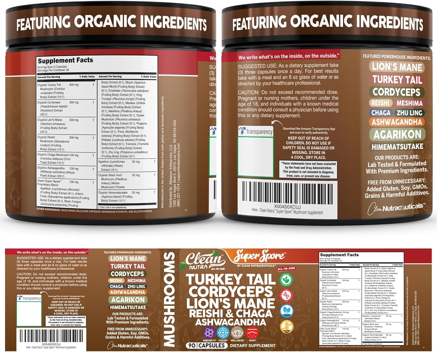 Organic Turkey Tail Mushroom Supplement Capsules | Lions Mane Cordyceps Reishi Chaga + Ashwagandha Stress Relief Nootropic Immunity Adaptogens Mood Support 90 Vegan Capsules by Clean Nutra - Image 8