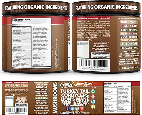 Miniatura 8 de Clean Nutra SuperSpore - Cápsulas de hongos, cola de pavo, cordyceps, melena de león, reishi, chaga, ashwagandha, veganas, sin OMG, sin gluten,