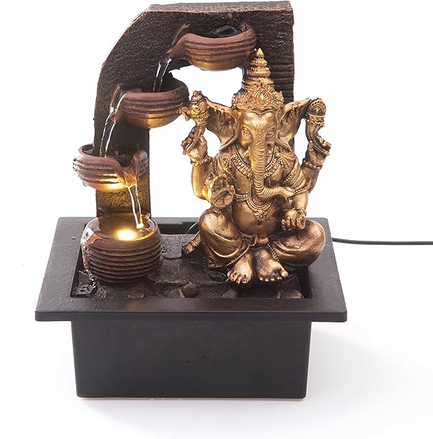 Ganesha with Water Cups Indoor Water Fountain with LED Light | Size 21 * 17.5 * 25 Cm | 3 Pin UK Plug Included |