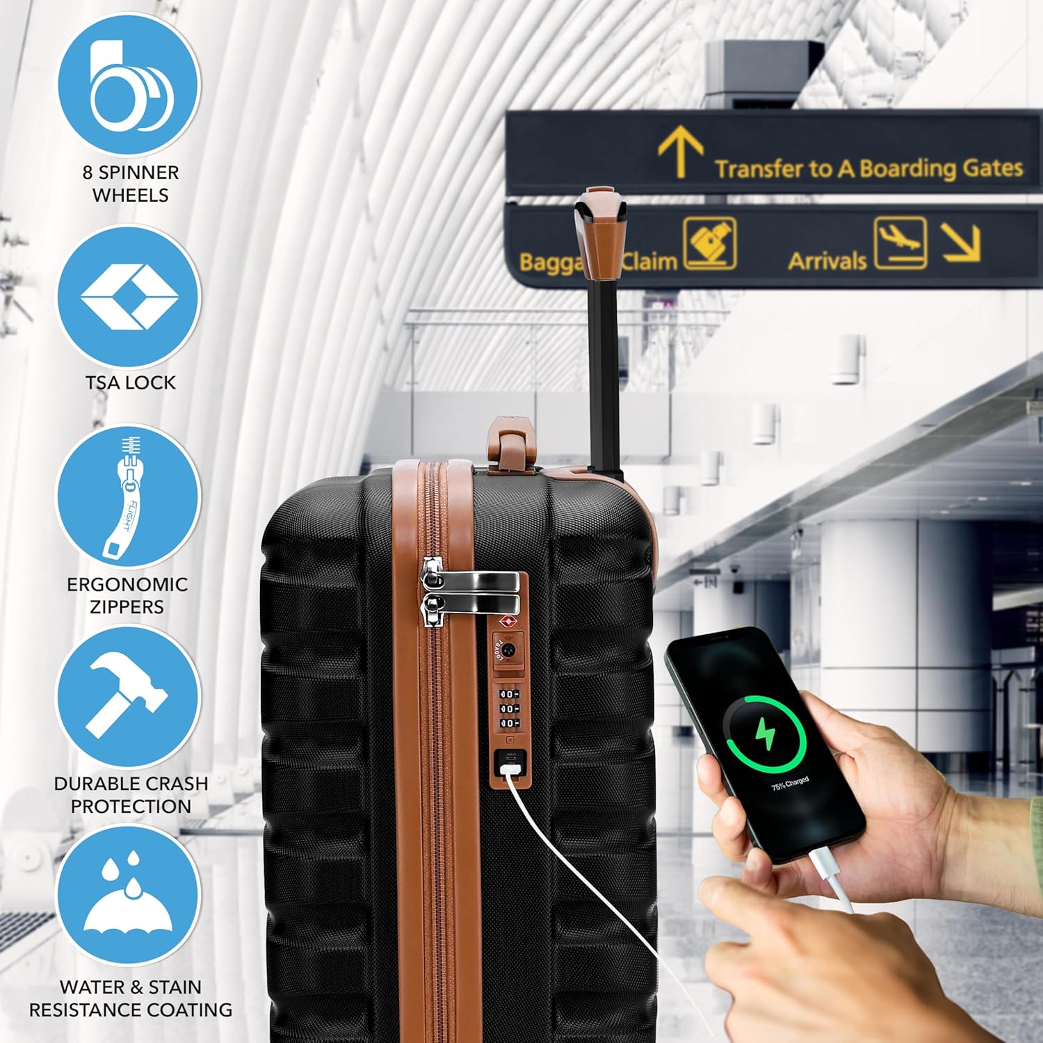 Flight Knight Carry On Suitcase 16.25x13.5x8 Hardside TSA Lock USB Port Lightweight Luggage Silent Double Spinner Wheels Maximum Underseat Carry-On Bag For Virgin South West Approved Black/Tan - Image 5