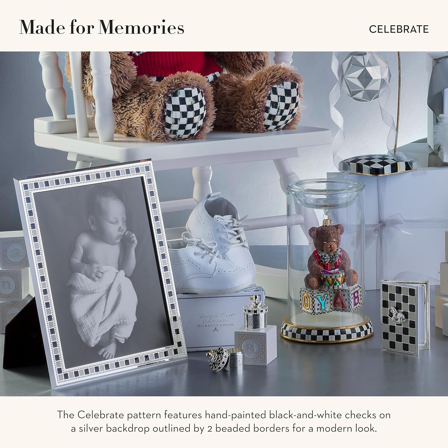MACKENZIE-CHILDS Decorative Picture Frame, Standing Picture Frame, 8" x 10", Black-and-White Celebrate