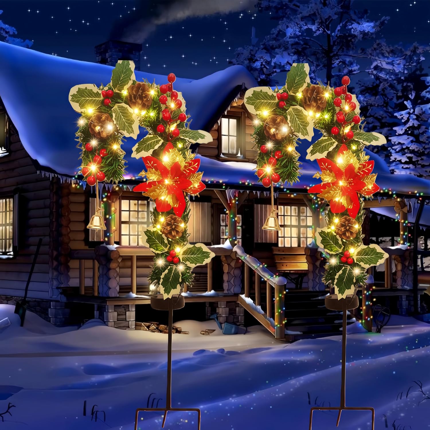 Solar Candy Cane Pathway Lights Outdoor, 2 Pack Solar Christmas Stakes with Poinsettia, Pinecones & Holly, Waterproof LED Yard Decorations, Solar Garden Lights for Walkway, Driveway & Holiday Decor