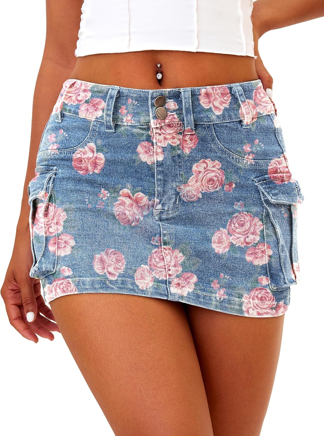 ELLEVEN High Stretch Cargo Skirt, Y2K Denim Mini with Pockets