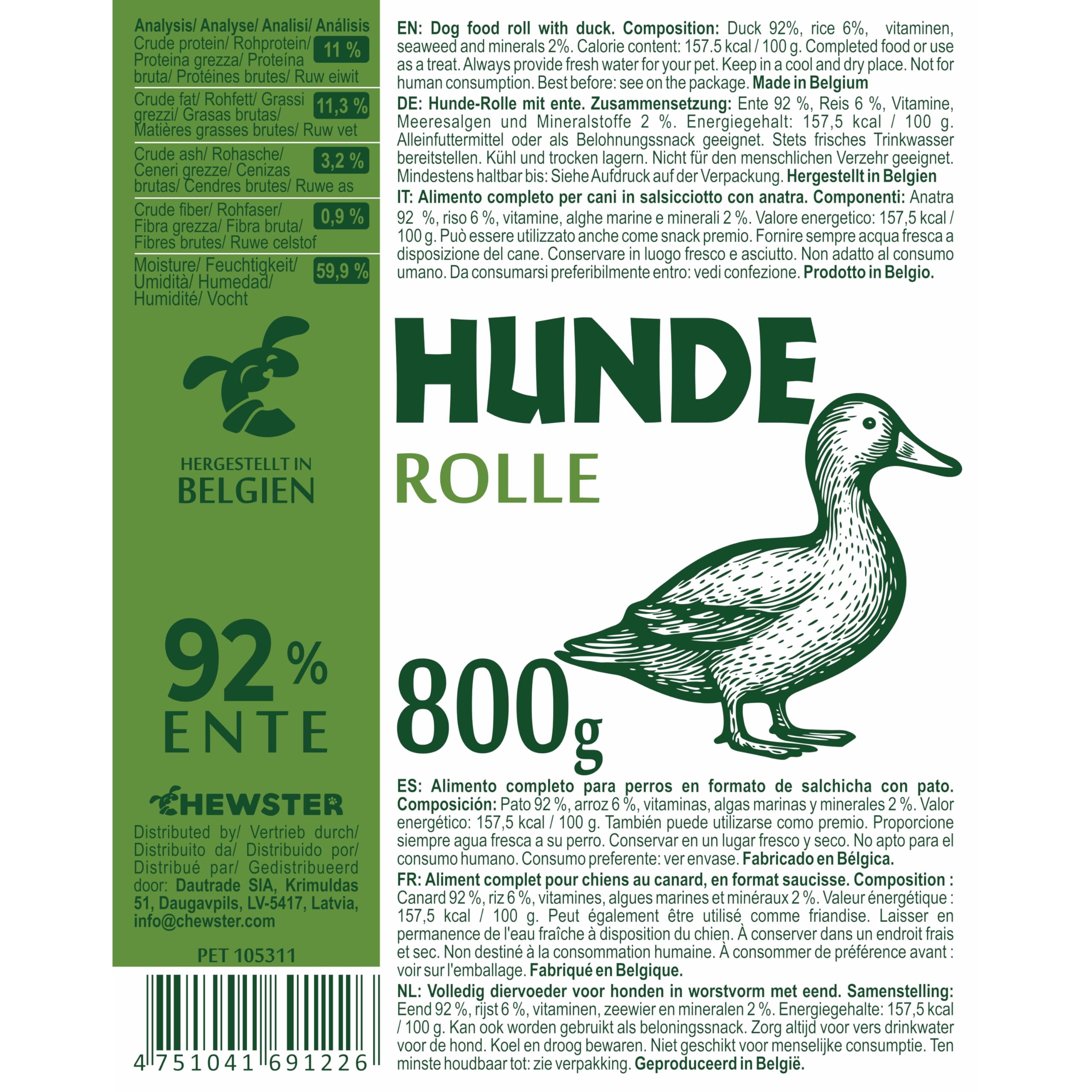 Mix Hundewurst schnittfest – 1 x Huhn, 1 x Ente, 1 x Lamm, 1 x Rind – Hunde-Rolle 4 x 800g (3,2kg) – getreidefreies Hundefutter mit hohem Fleischanteil – Nassfutter