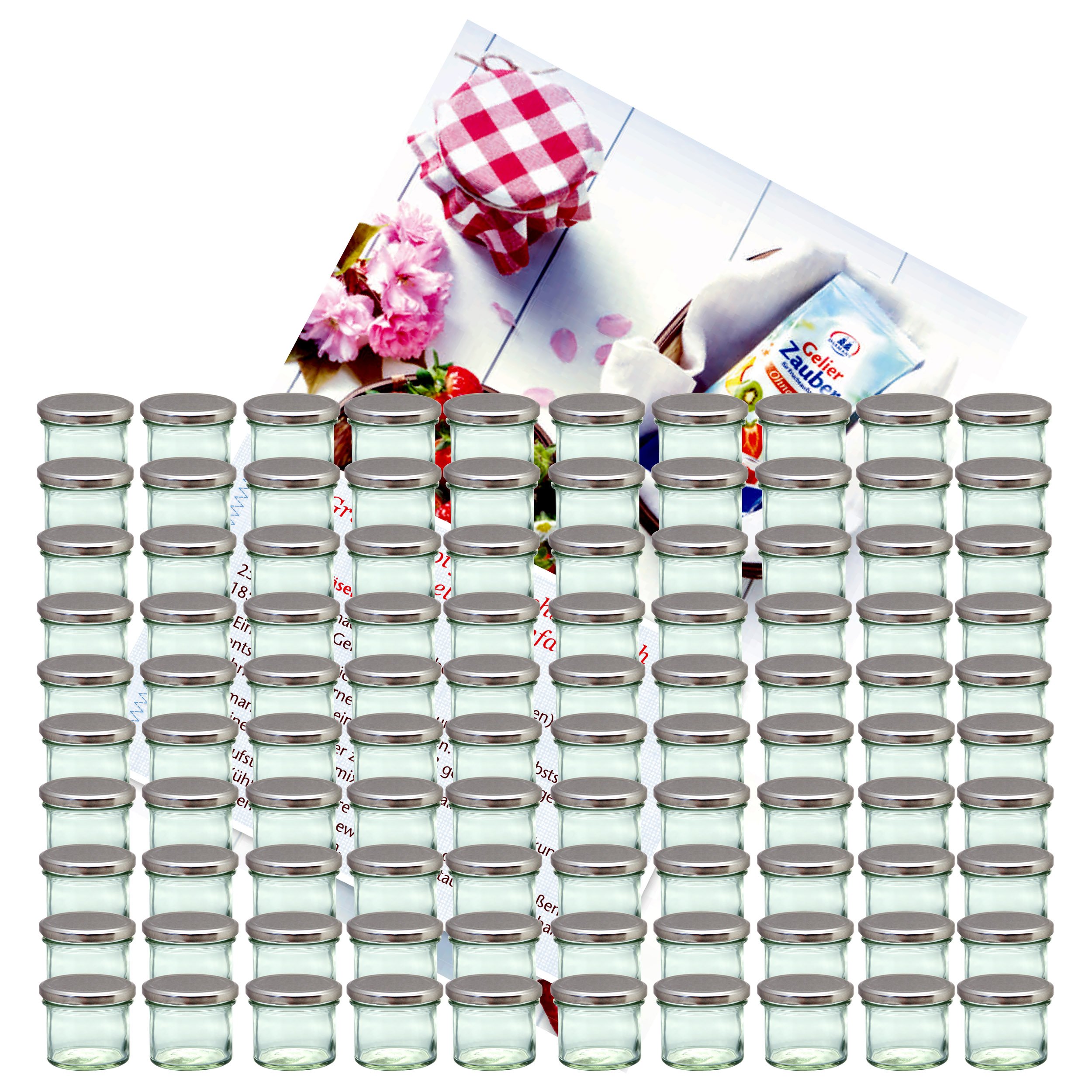 MamboCat 100er Set Sturzglas 125 ml Marmeladenglas Einmachglas Einweckglas To 66 silberner Deckel incl. Diamant-Zucker Gelierzauber Rezeptheft