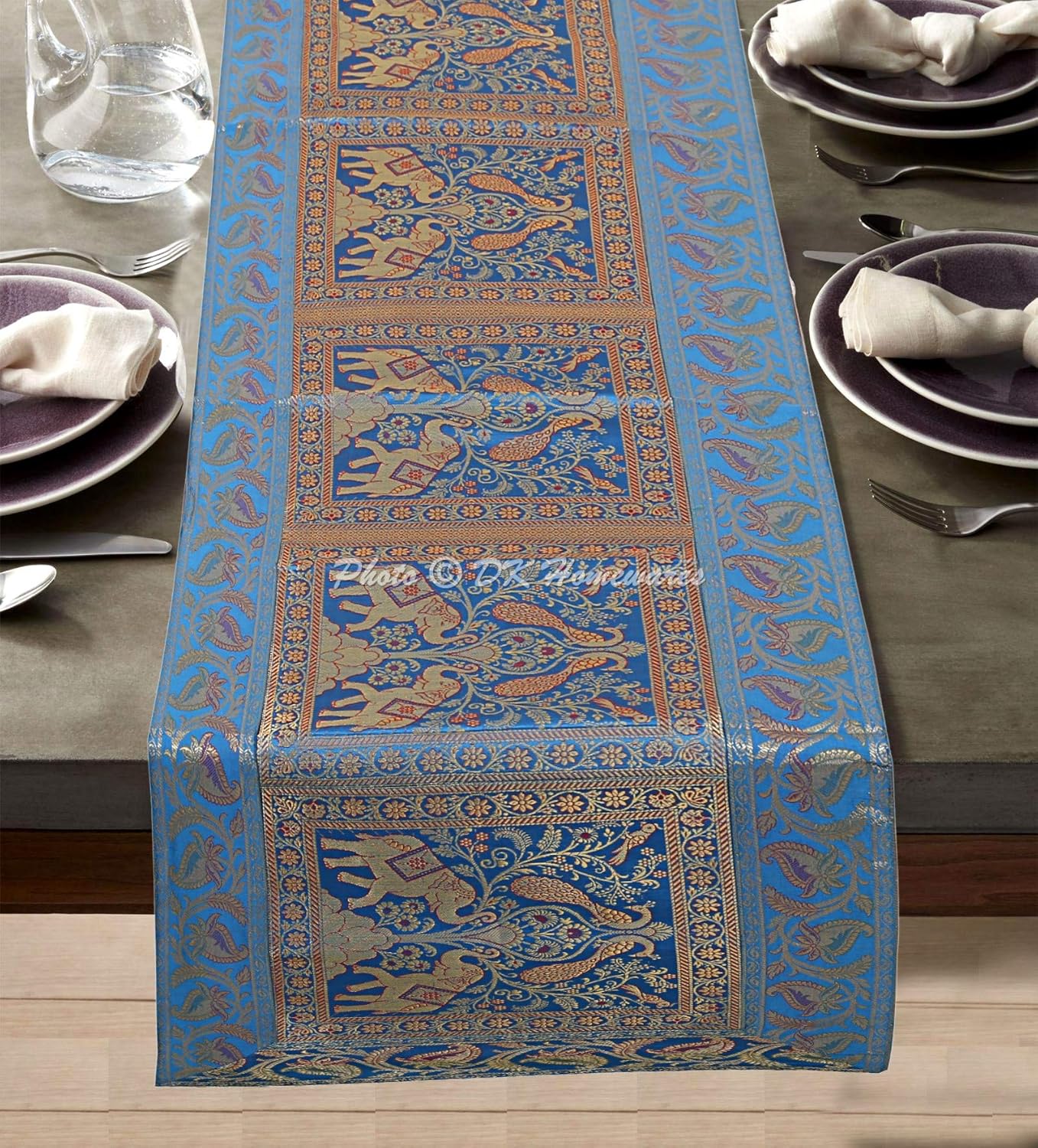 Traditional Indian Table Cloth Wedding Dining Decor Turquoise Gold Brocade Satin 60 Inches Long Jacquard Elephant 5 Foot Table Runner (150 X 40 Cm)