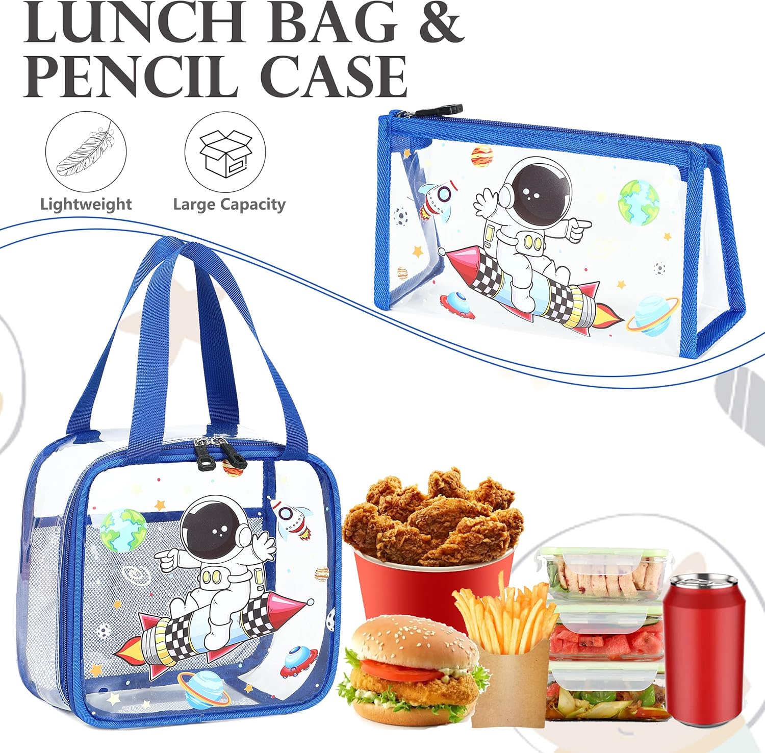 AO ALI VICTORY Clear Backpack for Boys Girls,15.6 Inch Kids Backpack Set with Lunch Bag Pencil Case PVC Elementary Bookbag for School Students See Through Transparent Travel Back Pack,Blue Astronaut - Image 5