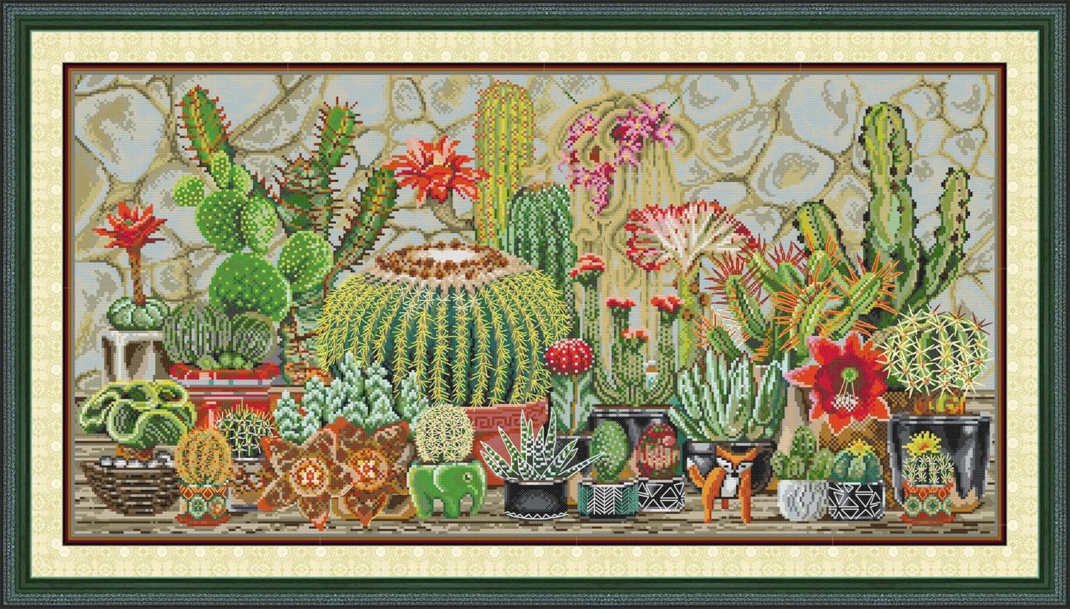 Threadhaven 16CT Stamped Cross Stitch Kit - Full Range Patterns for Adults, High - Definition Printing Embroidery Kit, Ideal for Beginners- Cacti 4 26.3''×14.5''