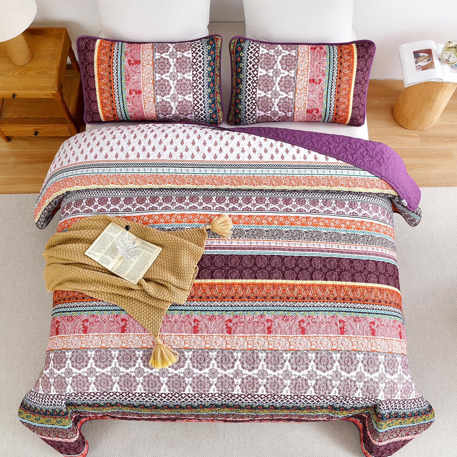 WONGS BEDDING Boho Quilt Set King Size, Purple 3 Pieces Bohemian Striped Patchwork Bedspread Coverlet, Lightweight Soft Microfiber Bedding Set for All Season (104"x90") - Image 3