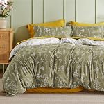 Bedsure Couverture de coudée Taille de la reine - Set de couverture de couettes pour enfants vert réversible & Adultes avec fermeture à glissière, 3 Pièces Botanical Pattern Bedding Set avec 2 Shams d'oreiller, Conforteur non inclus