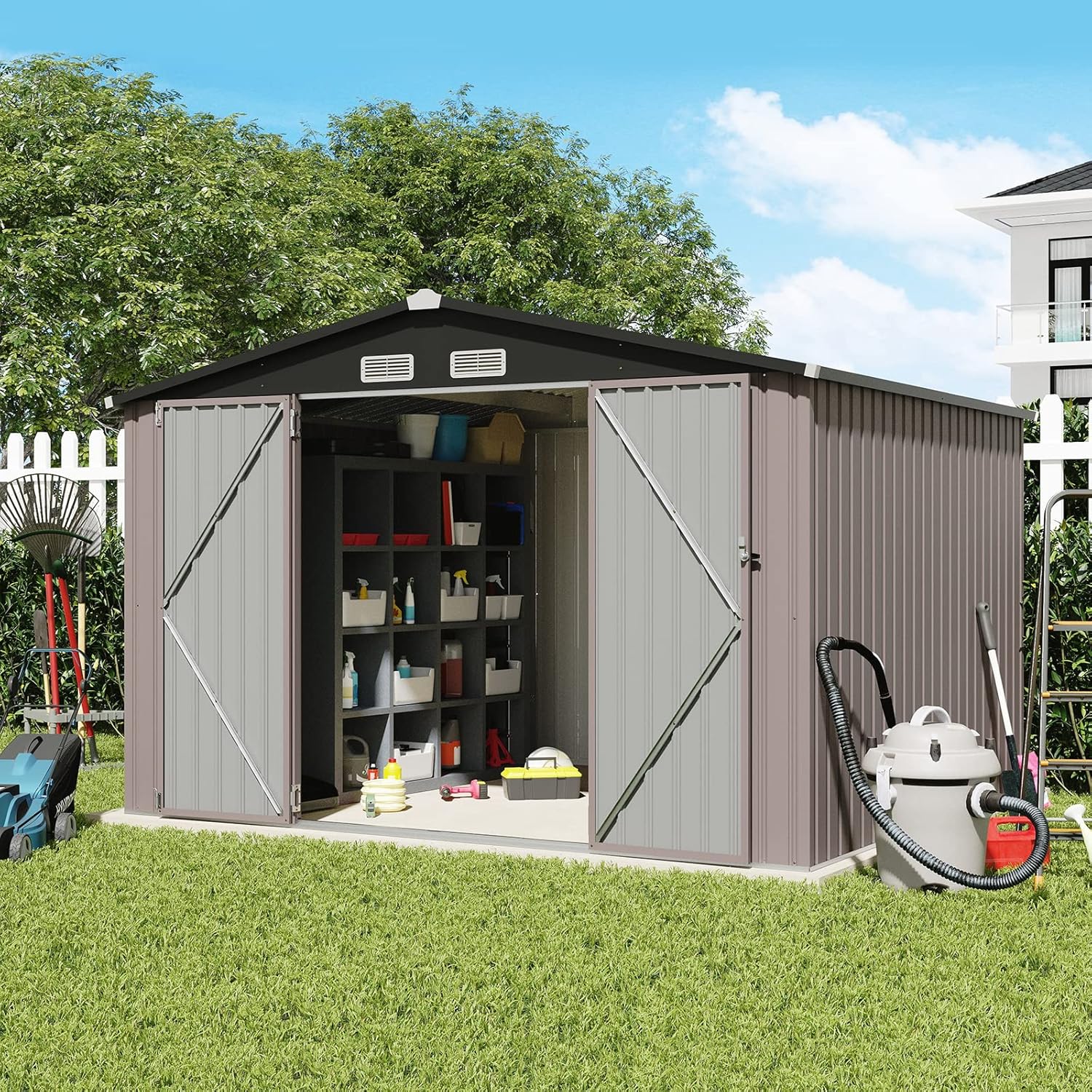 Verano Garden 8’x10’ Outdoor Storage Shed, Large Galvanized Steel Metal Garden Shed, Double Door W/Lock, Outdoor Storage House for Backyard, Patio, Lawn(113.78"x88.58"x77.17")