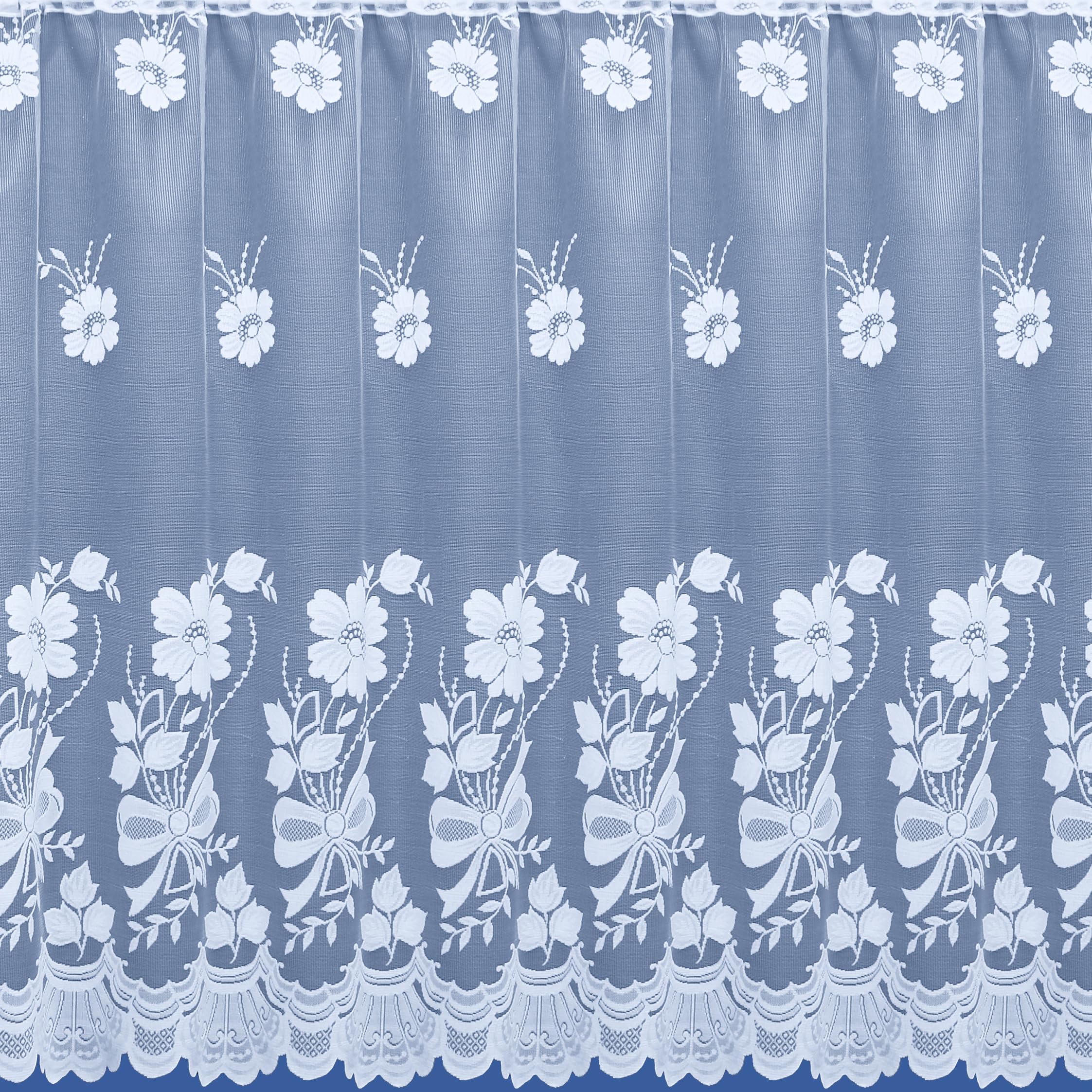 7 Metres Wide x 72" (183cm) Drop - Bouquet Floral Flowers White Lace Window Net Curtain With Scrolling Floral Leaf Design With A Detailed Scalloped Bottom