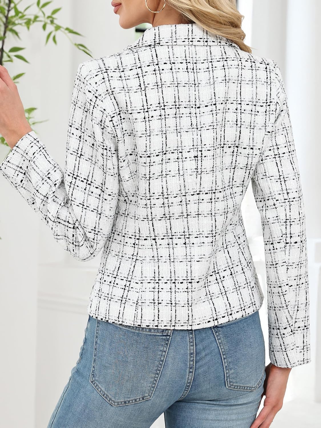 ELLEVEN Women's Tweed Blazer,2 Button Long Sleeve Jacket Slim Fit Business Suit with Pockets - Image 3