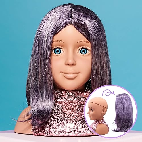I'm A Stylist Styling Head Deluxe Lola - Cabeza de maniquí de muñeca, peluca intercambiable, pelo morado de fibra sintética incluye pestañas