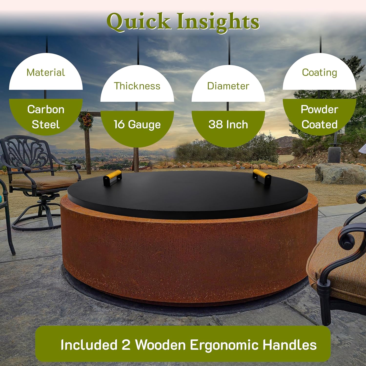 Febtech 38 Inch Firepit Lid - 16 Gauge Rust Resistant Powder Coated Carbon Steel Fire Pit Cover Round with 2 Ergonomic Wooden Handles - Compatible for Fire Pit Inside Dia Up to 36"