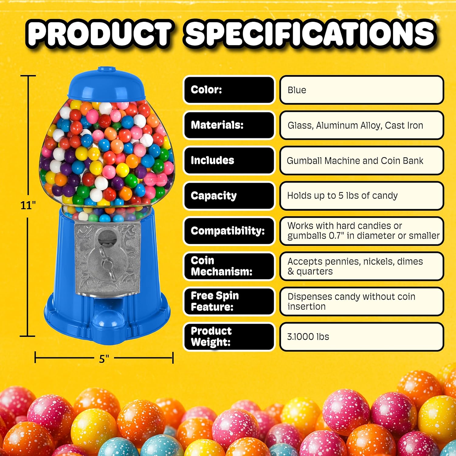 Vintage Gumball Machine - 11-Inch Retro-Style, Coin-Operated Cast Metal Vending Machine with Glass Globe and Free Spin by Great Northern Popcorn (Blue)