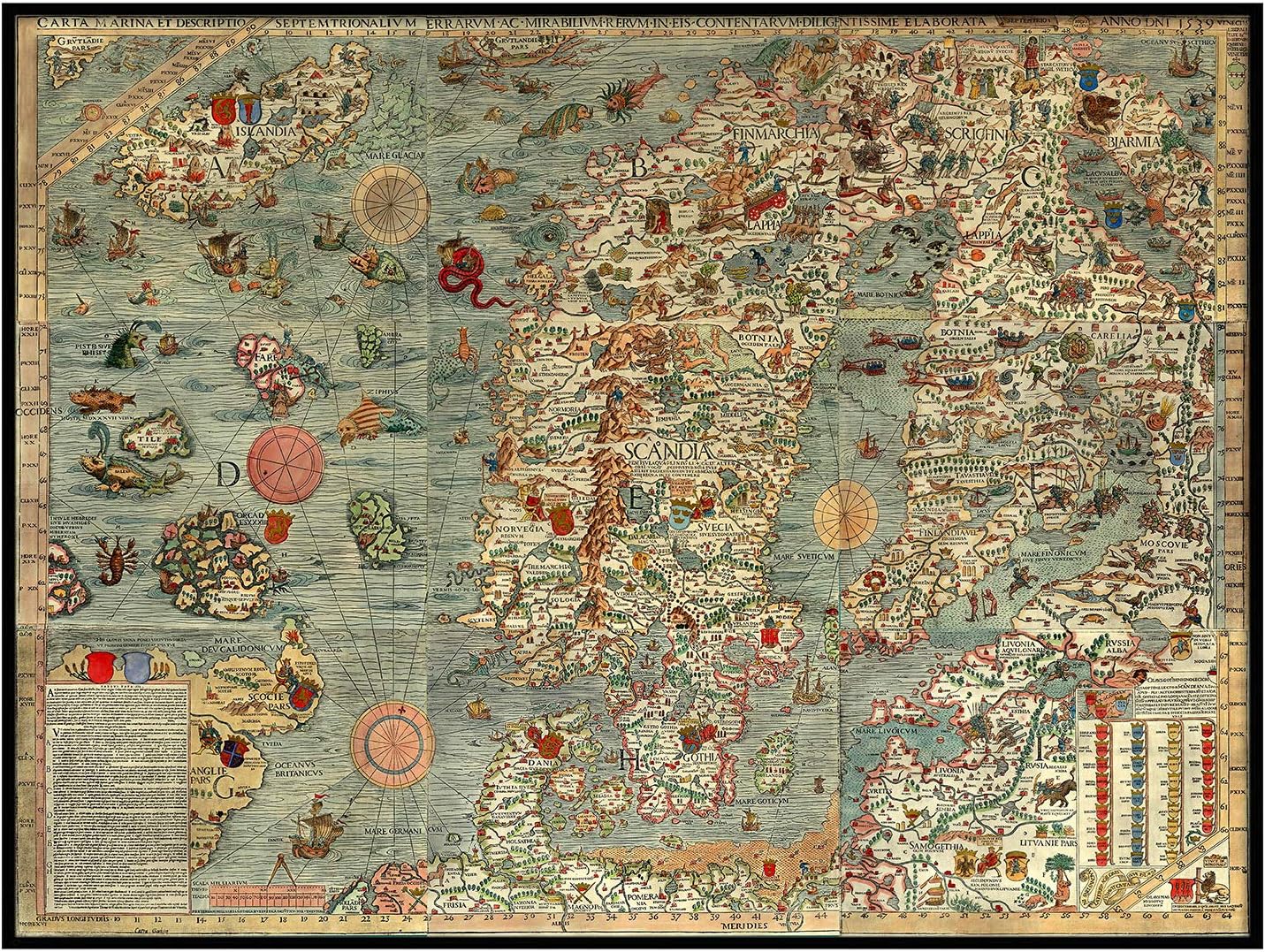 Sea map of a Scandinavia by Olaus Magnus in 1527-39. Carta Marina. Sweden, Denmark, Norway, Iceland and Finland. Antique Reprint