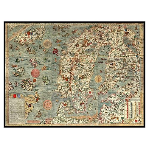 Mapa del mar de una Escandinavia por Olaus Magnus en 1527-39. Carta Marina. Suecia, Dinamarca, Noruega, Islandia y Finlandia