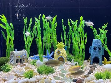 23-Piece Aquarium Decoration Kit, Artificial Green Plants & Resin Ornaments
