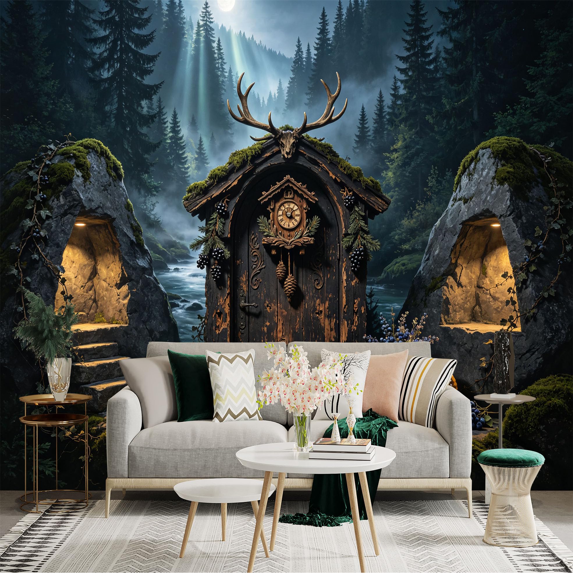 Custom Size Wall Sticker Mural， Moonlit Forest Cabin， Rustic Woodland River， Mystical Cottage， for wall Decoration， peelandstick wall Decals.