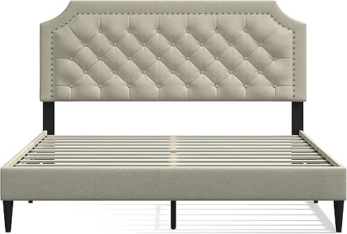 Miniatura 3 de Glenwillow Home Curta - Base de cama tapizada con tapizado con clavos recortados con botones, base de colchón, sin somier, fácil montaje, color