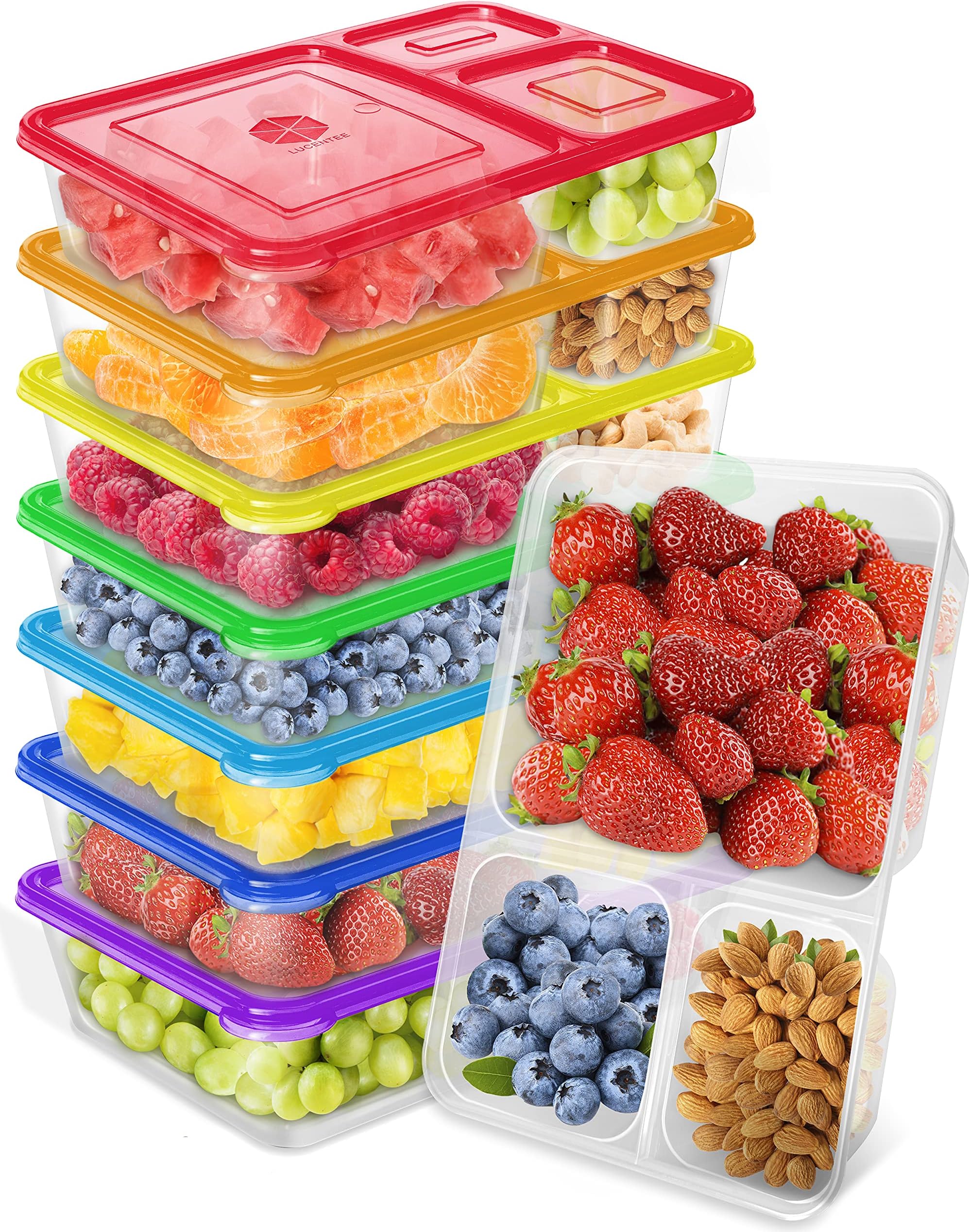 7-Pack Bento Snack Box - 3 Compartment Food Container, Lunch Box, Meal Prep Container - Microwave Safe