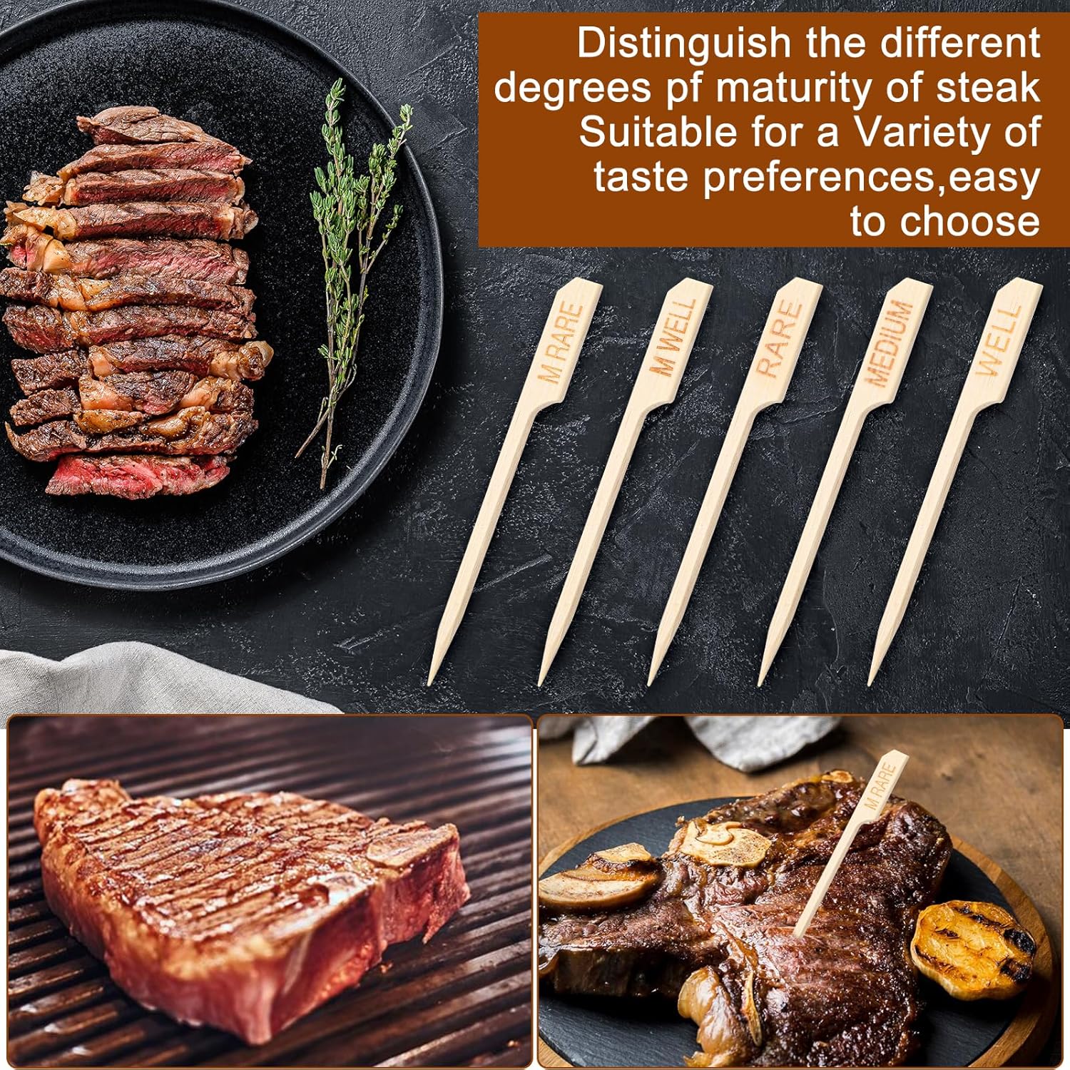 1000個 4.72インチ 竹製ステーキマーカー 肉の出来上がり温度スティック バーベキュー串 グリル ロースト カクテルパーティー