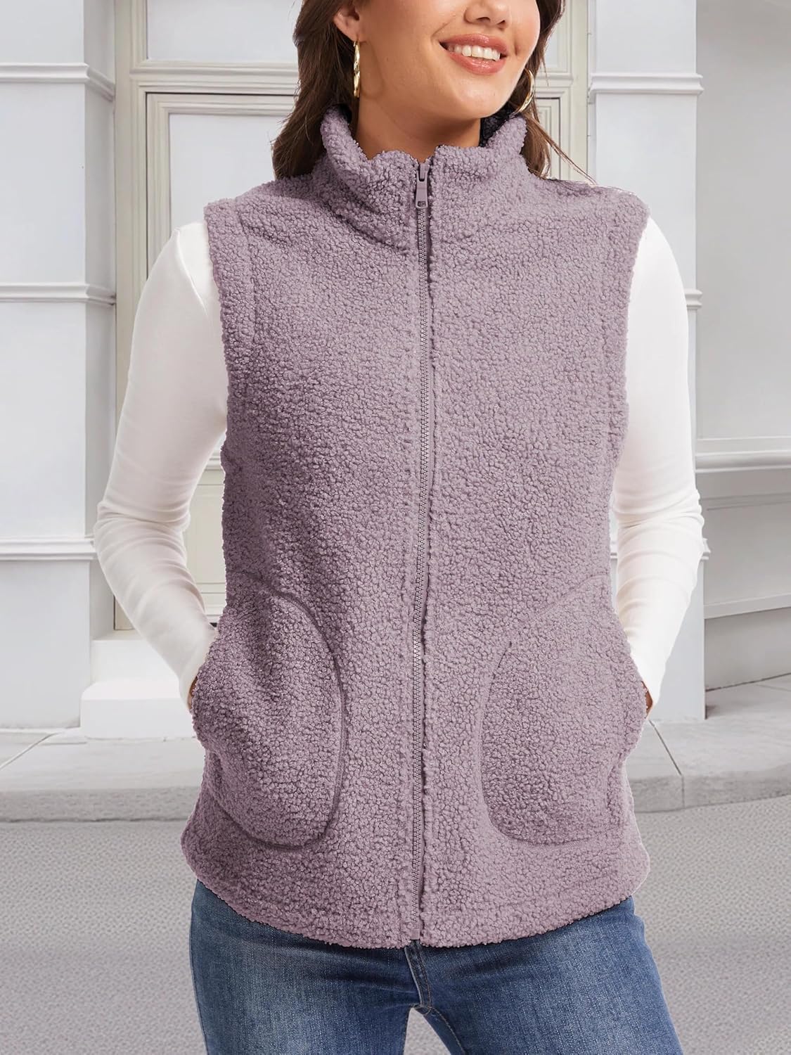 SMENG Women's Fleece Vest Sherpa Zip Up Sleeveless Outerwear Warm Fuzzy Jacket with Pockets Winter