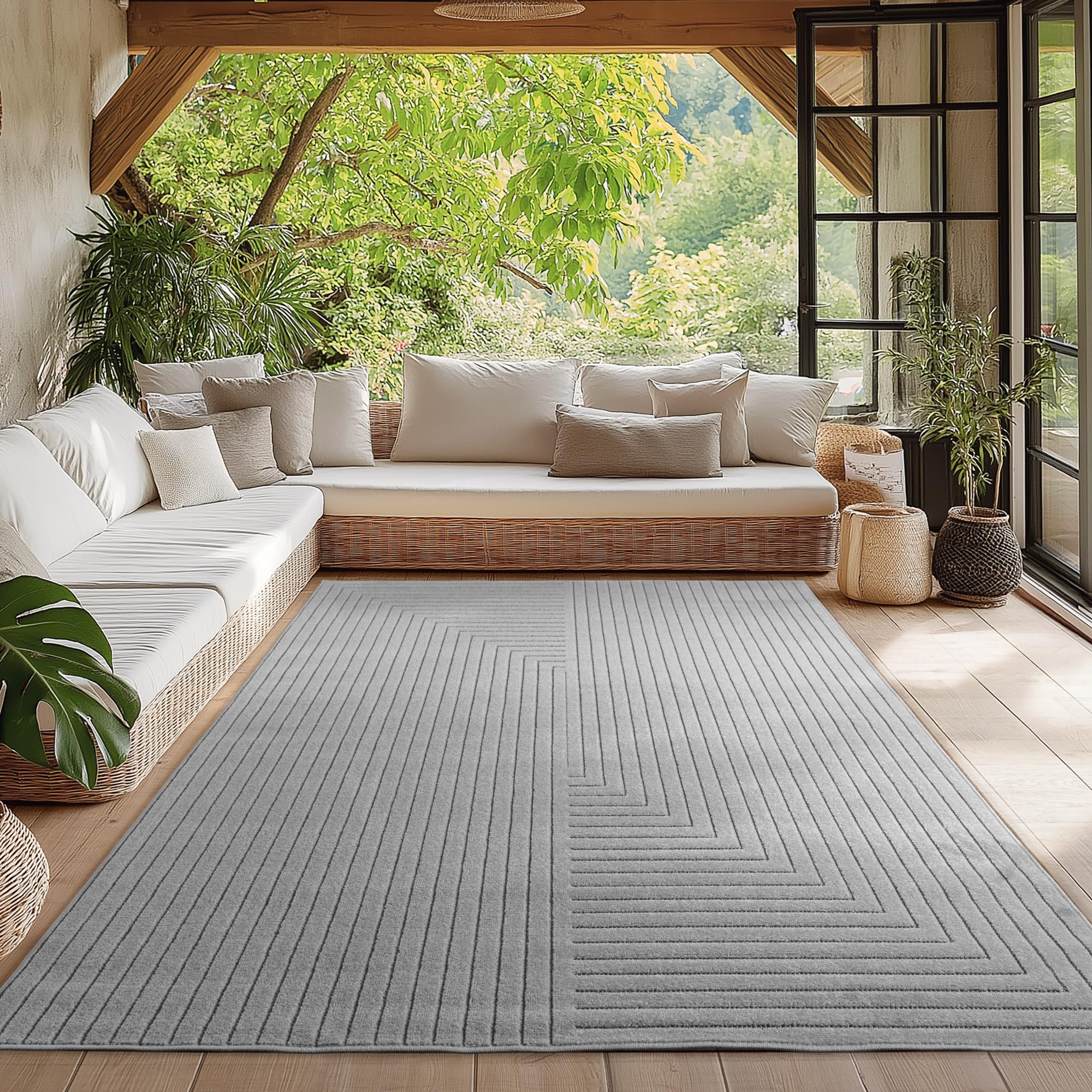 HomebyHome Kurzflor Teppich Wohnzimmer, Schlafzimmer, Küche, 3D Skandinavisch Boho Motiv, Outdoor Terrassen oder im Balkon