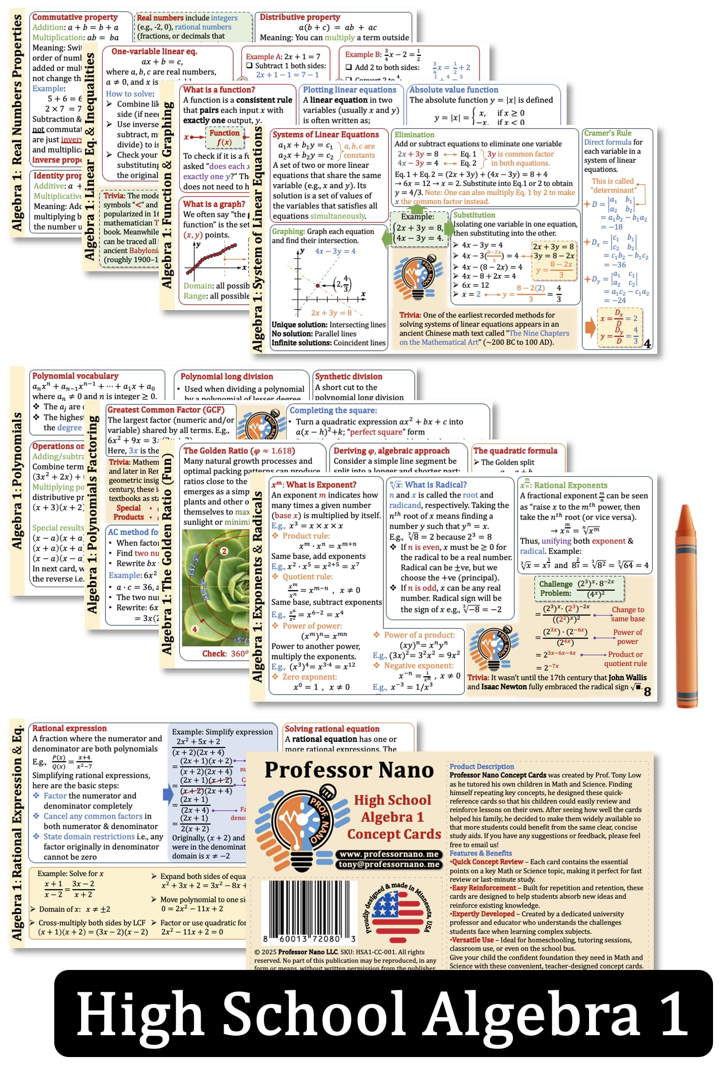 Professor Nano High School Algebra 1 Concept Cards (4x7.11 inches, Set of 10) Cheat Sheet, Quickstudy