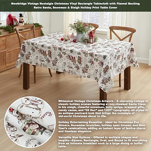 Miniatura 2 de Newbridge Mantel rectangular de vinilo vintage de Navidad de 60 x 120 pulgadas con reverso de franela, estampado retro de Papá Noel, muñeco de nieve