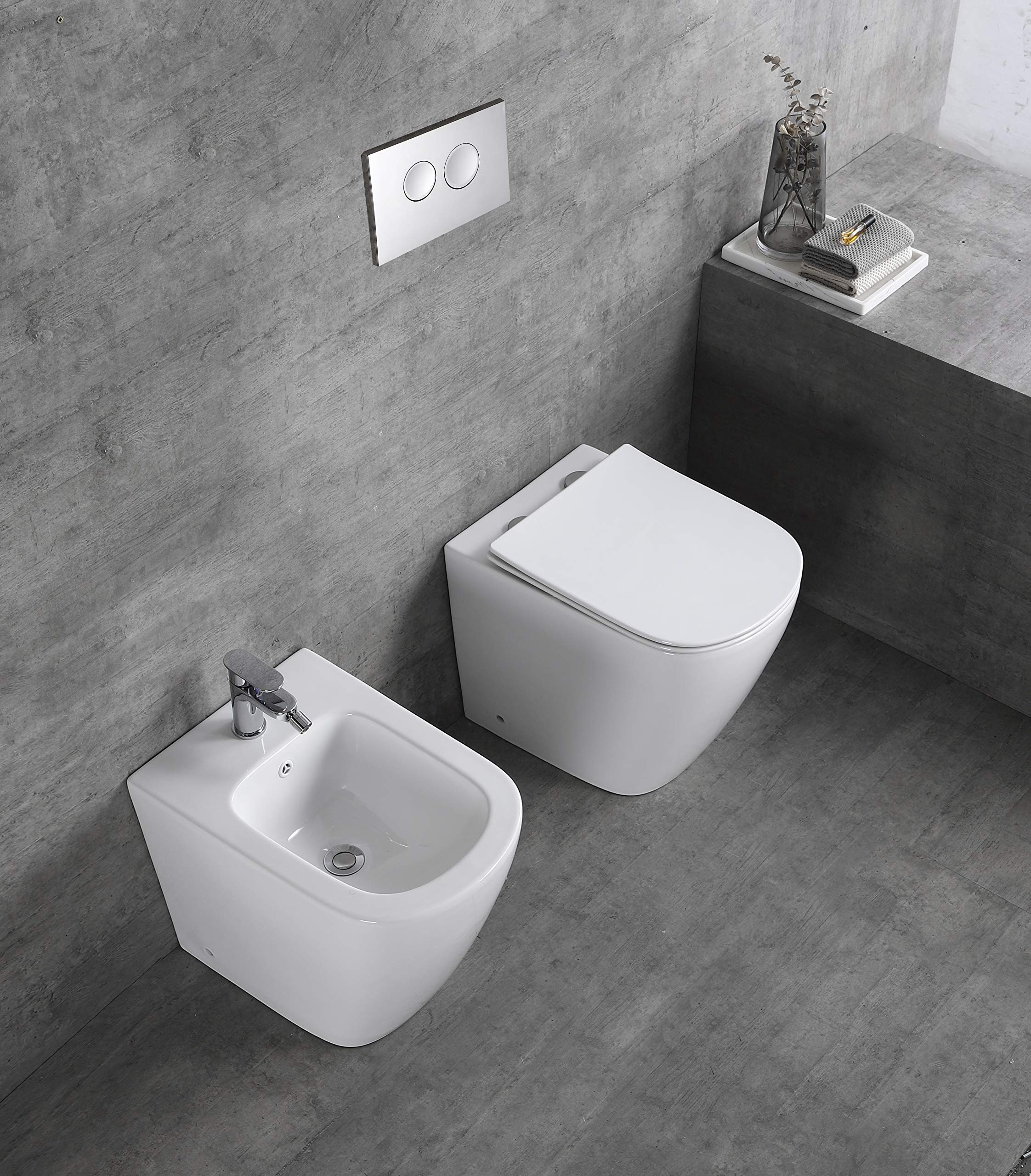 MOON Coppia Sanitari A Terra Dimensioni ridotte 51,5 cm, Rimless Senza Brida Coprivaso Soft-Close Incluso, set completo, curva tecnica inclusa