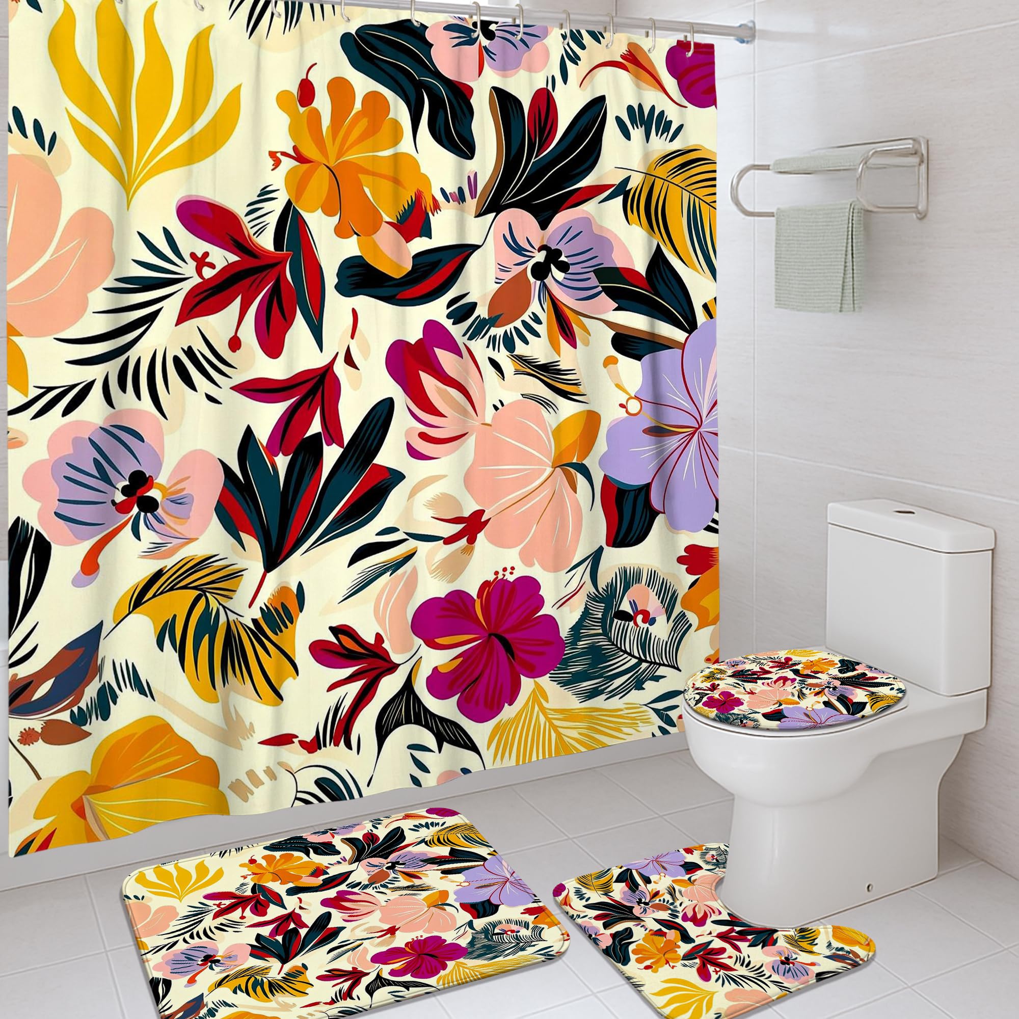 Ensemble de rideaux de douche anti-moisissure avec tapis décoratif motif fleurs