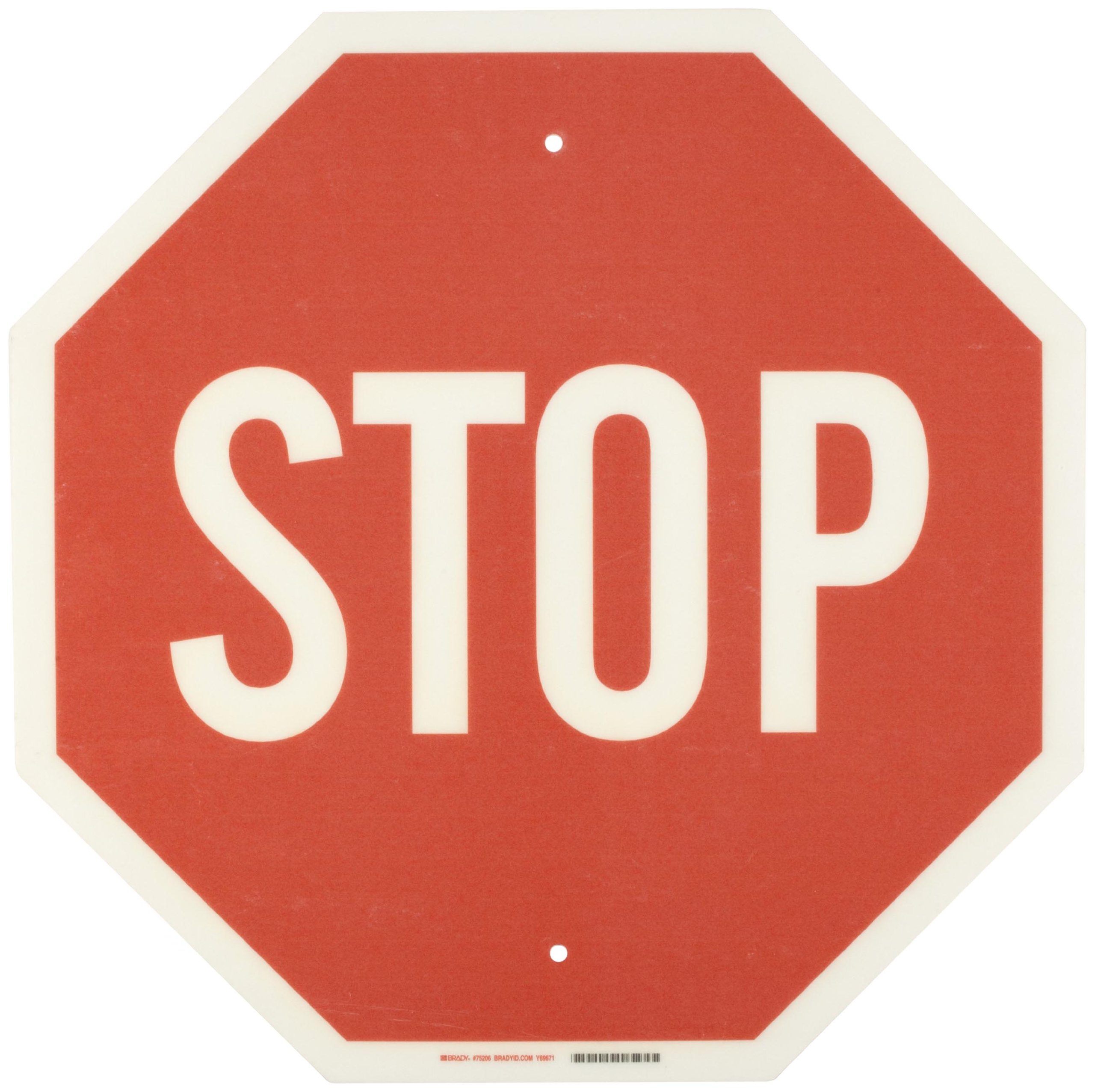 Brady estándar señal de tráfico, leyenda "Stop", 30" H x 30" W, blanco y rojo, 1