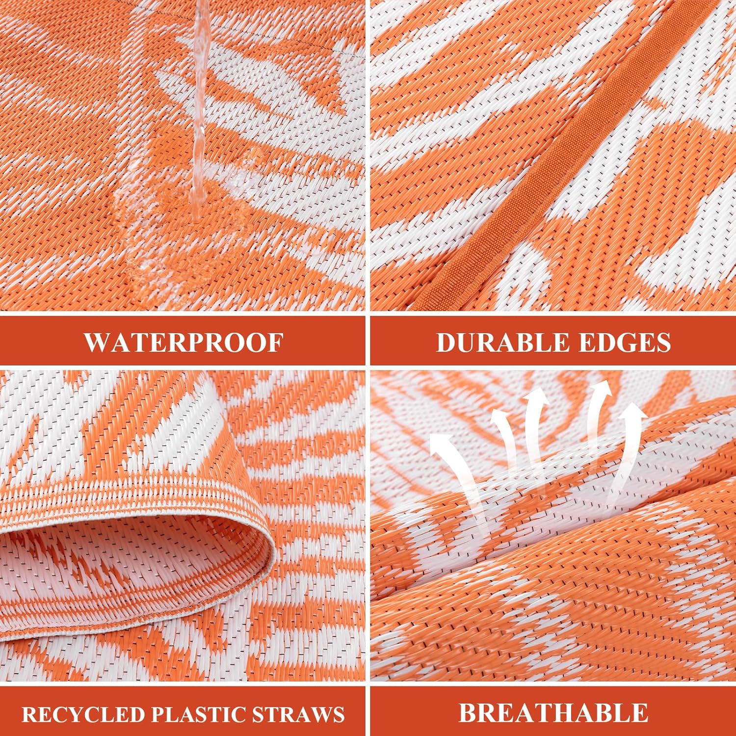 HiiARug Outdoor Patio Rug, 6'x9' Plastic Straw Waterproof Mat, Reversible Camping Rug for RV Outside,Colorful Outside Layering Rug for Patios, Backyard, Deck, Balcony,Beach, Orange & White