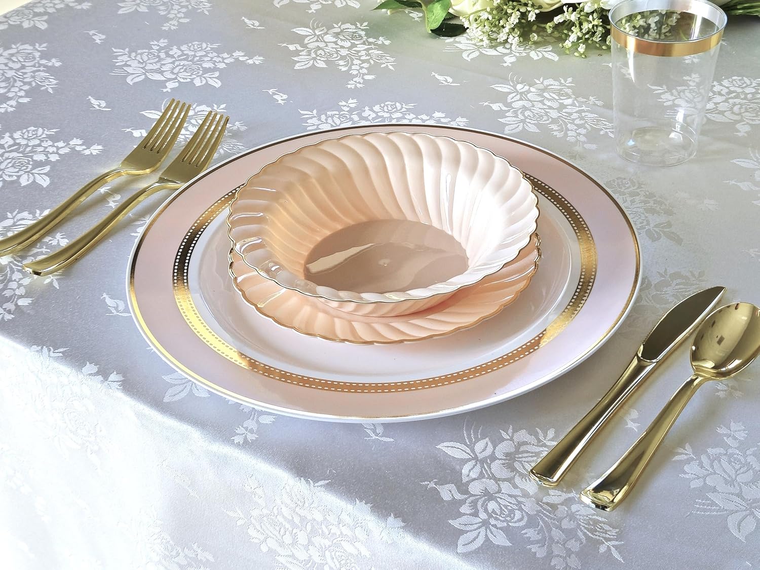 " OCCASIONS " 60 Plates Pack, Heavyweight Disposable Wedding Party Plastic Plates (10.5'' Dinner Plate, Ritz Blush & Gold)