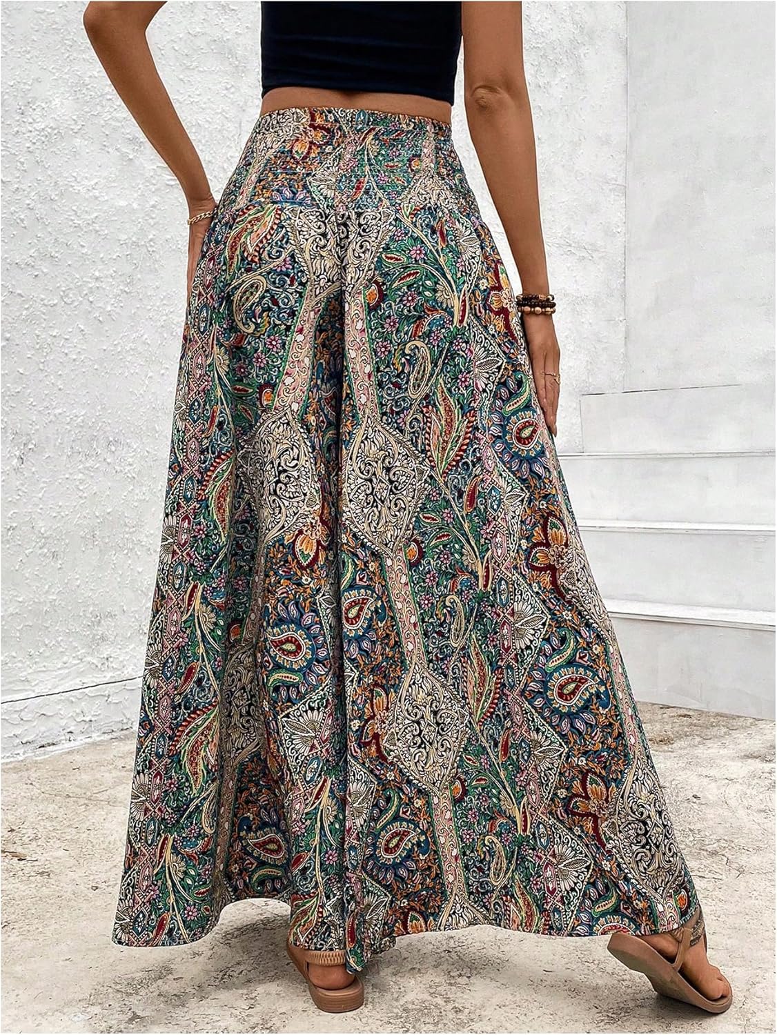 MakeMeChic Women's Boho Palazzo Pants Summer Beach High Waisted Paisley Wide Leg Flowy Trousers - Image 2