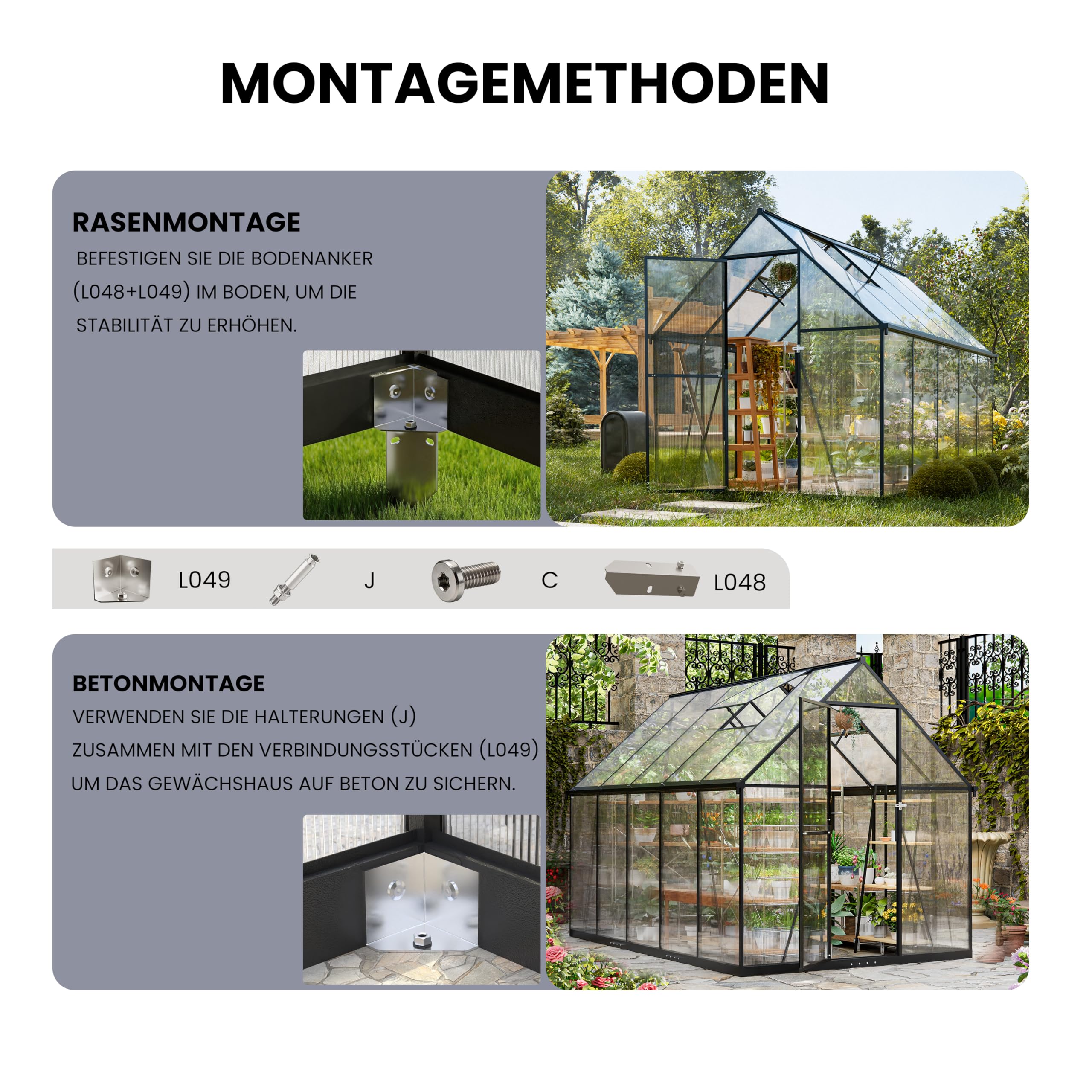 ALAULM Polycarbonat-Gewächshaus 175x281x195cm, mit abschließbarer Tür, Satteldach, Lüftungsfenster & Regenrinnen, Wetterfest für Terrasse & Garten (Schwarz)